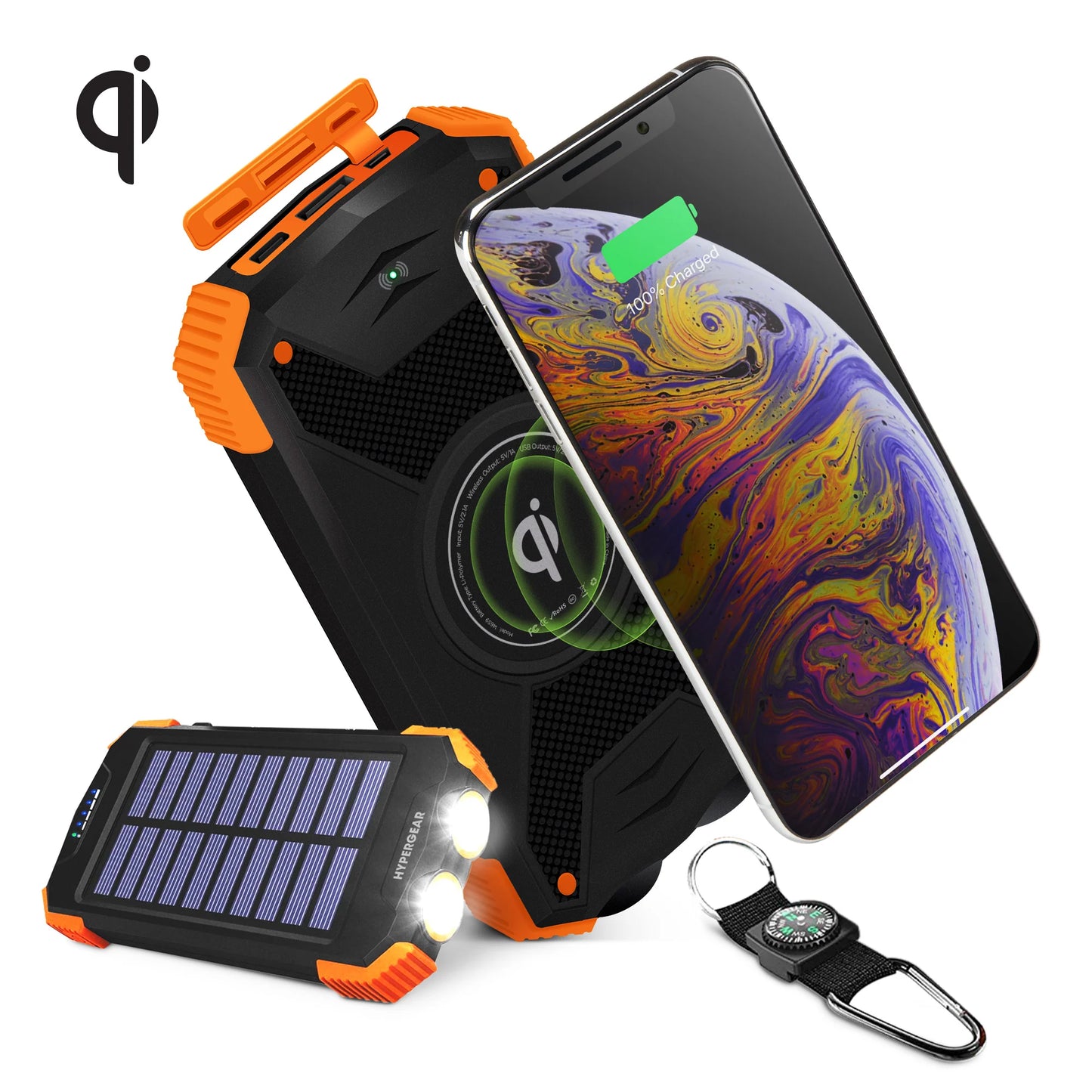 HyperGear Solar 10000mAh Wireless Power Bank – Portable Solar Charger with Qi Wireless Pad, Dual USB Ports & LED Flashlight