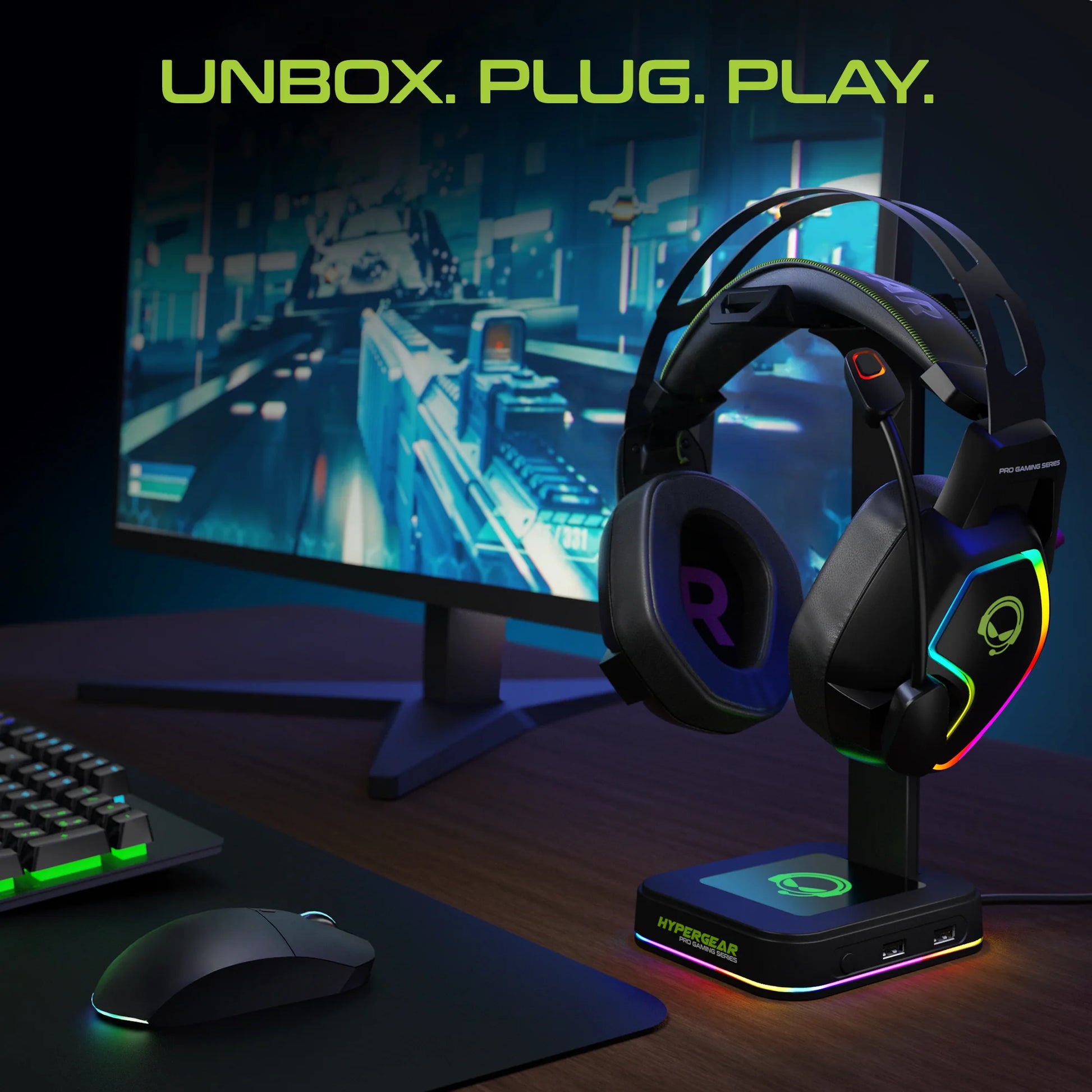 HyperGear RGB Command Station Headset Stand – Dual Headset Holder with USB Charging Ports & Dynamic RGB Lighting