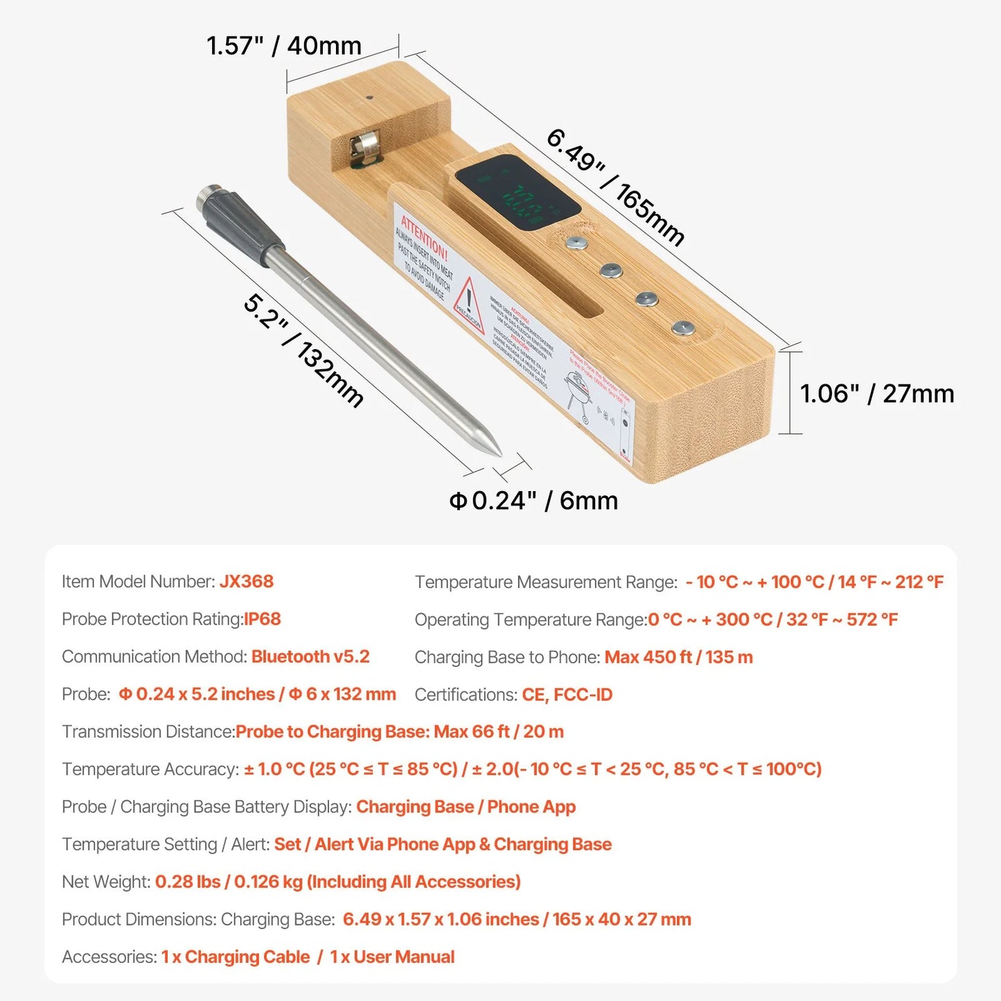 Wireless Bluetooth Meat Thermometer with 500 ft Range – Precise Probe & App Alerts for Perfect Grilling and Roasting