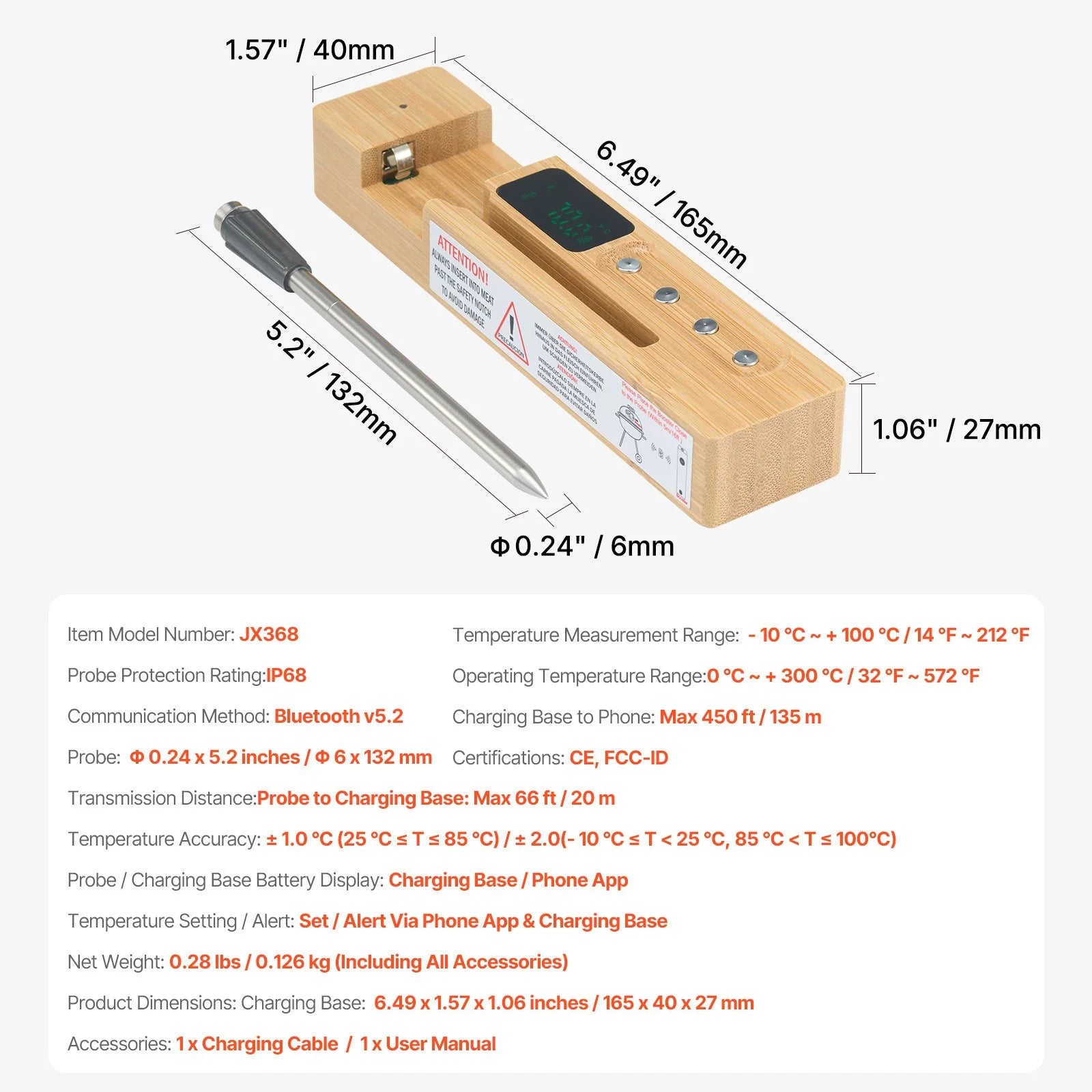 Wireless Bluetooth Meat Thermometer with 500 ft Range – Precise Probe & App Alerts for Perfect Grilling and Roasting