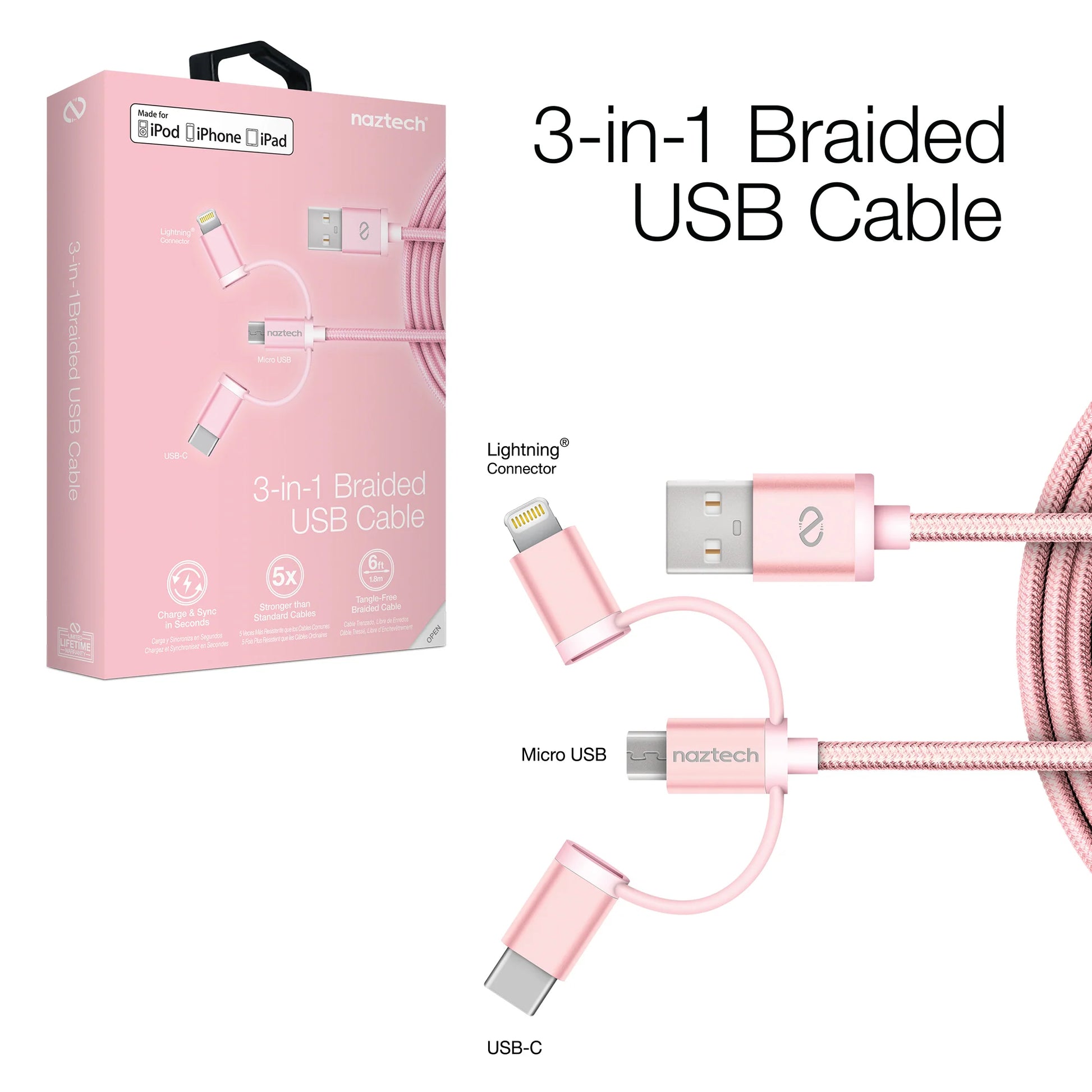 Naztech 3-in-1 Hybrid Charging Cable – 6ft USB-C, Lightning & Micro USB Braided Sync Cord