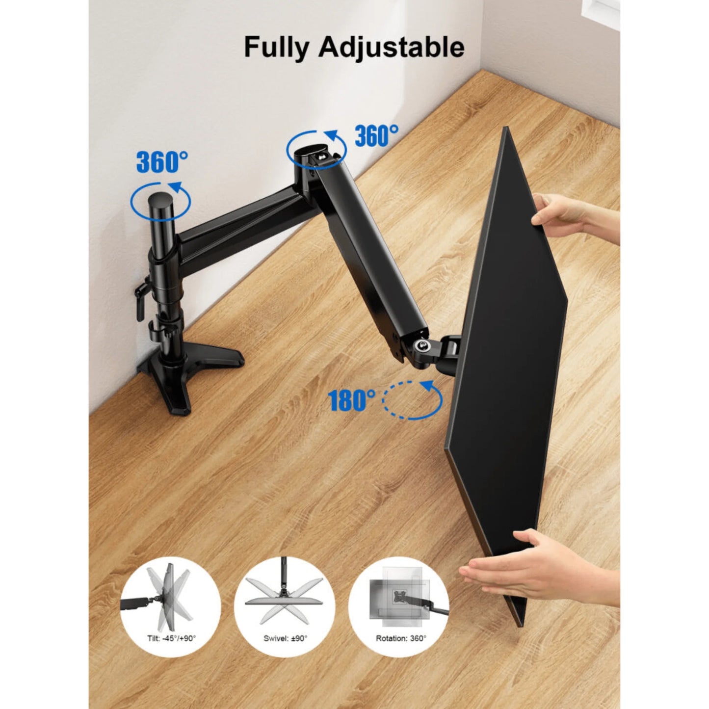 Ergoav Gas Spring Desk Mount for Monitors 13″–34″ up to 17 lb – Full Motion Single Arm with Height Adjust, Tilt & Swivel, C‑Clamp/Grommet Base