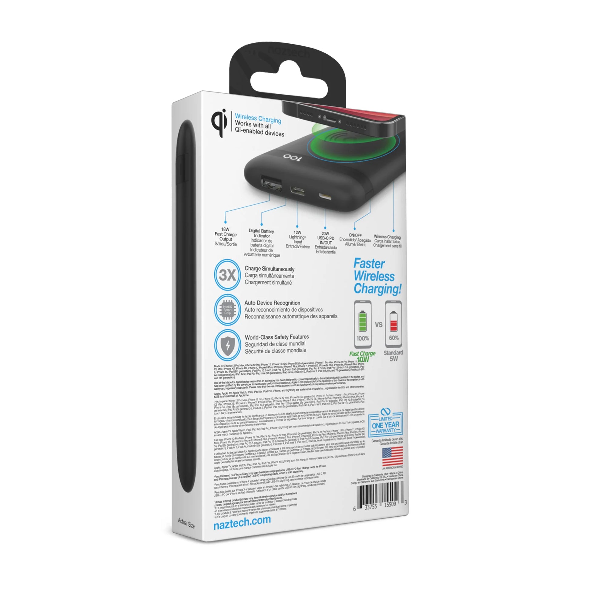 Naztech PowerBolt PD Wireless Power Bank – 10,000mAh Portable Charger with 10W Qi Pad & 20W USB‑C PD