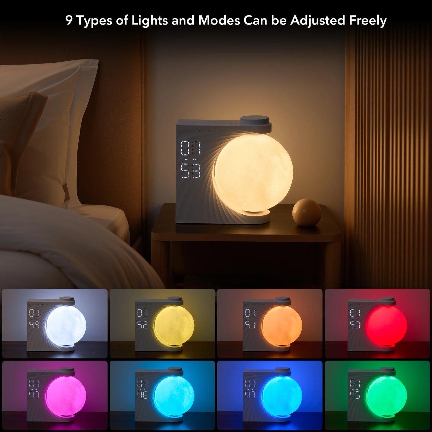 3D Moon Lamp Desktop Clock Night Light – Rechargeable LED Desk Light with Digital Time Display & White Noise Speaker