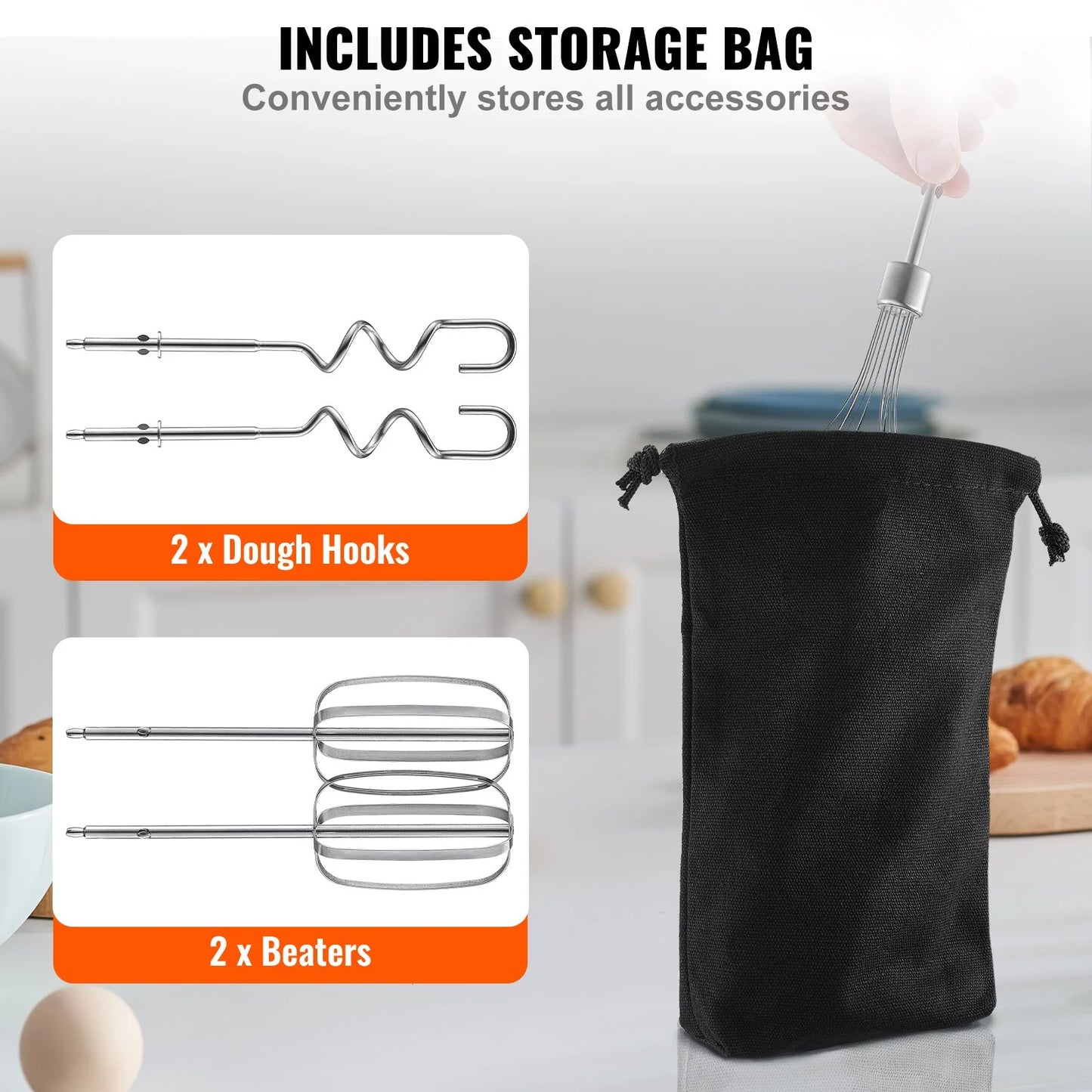 VEVOR 250W Cordless Electric Hand Mixer – Rechargeable Handheld Mixer with Variable Speed & Turbo Boost, Includes Beaters & Whisk