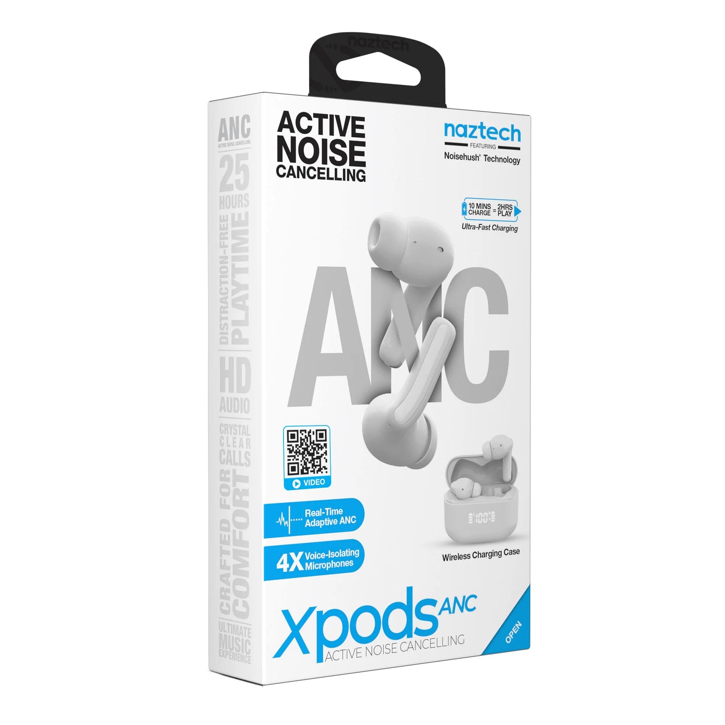 Naztech Xpods ANC True Wireless Earbuds – Active Noise Cancelling Earbuds with Transparency Mode, 25h Playtime & Wireless Charging Case