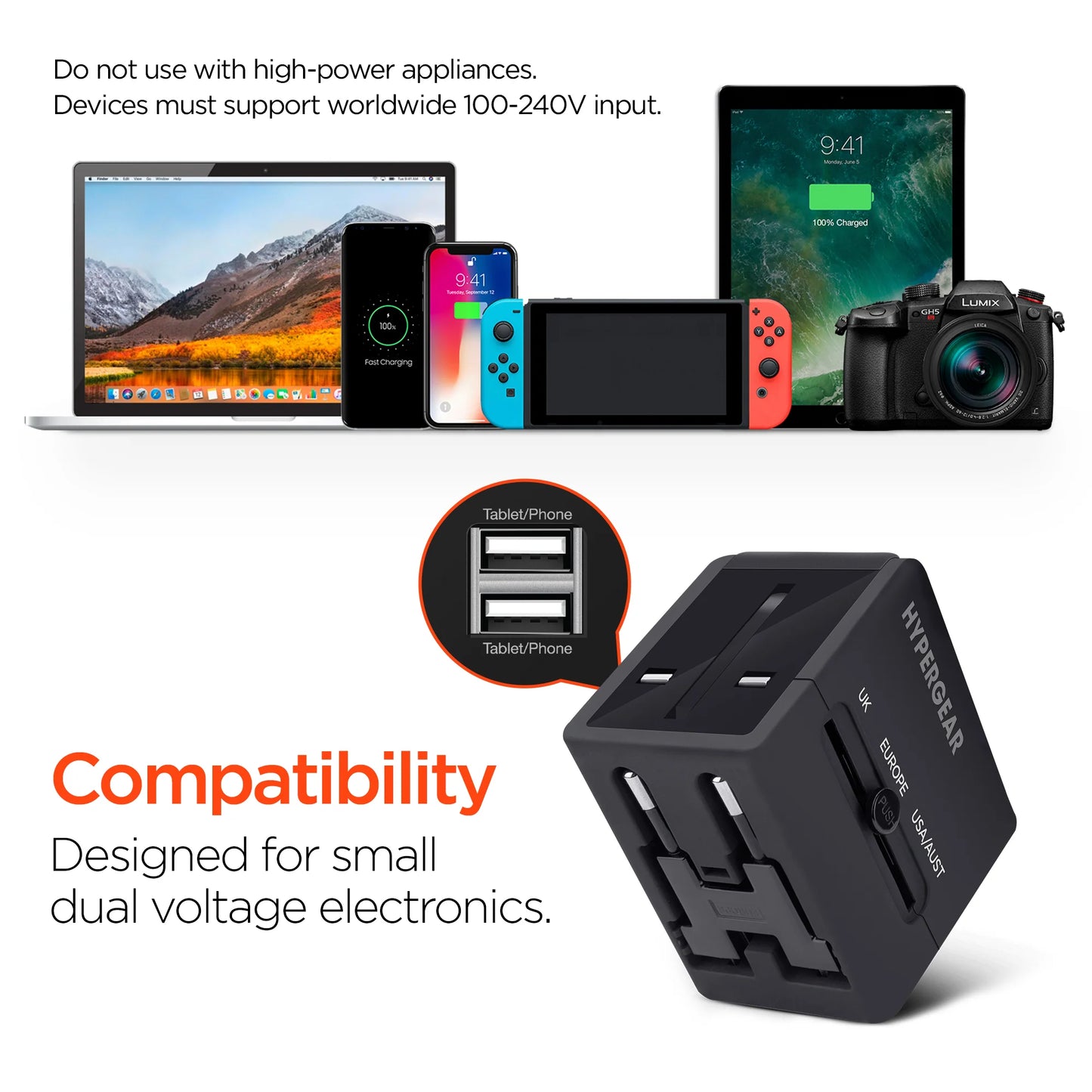 All-in-One Universal Travel Adapter – Compact Charger with Dual USB Ports & 4 Retractable Plug Types for 150+ Countries
