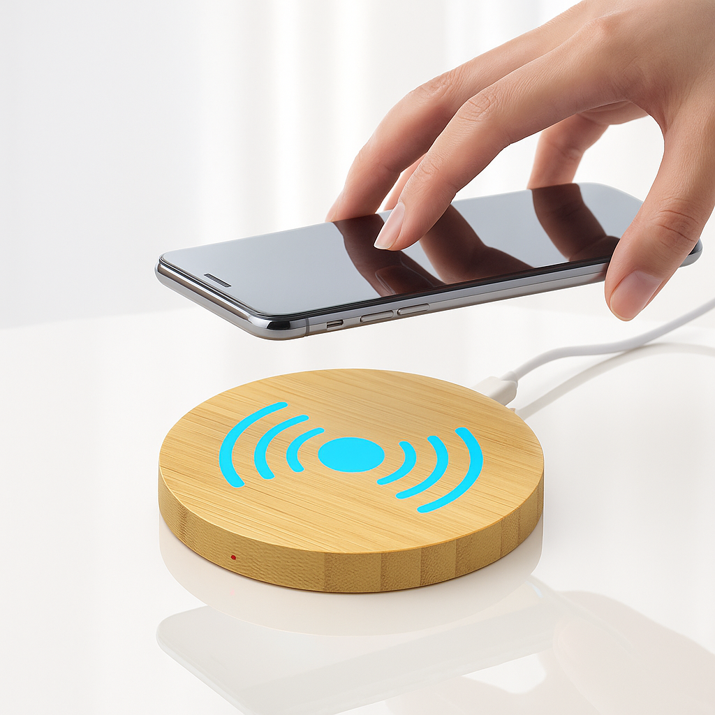 Bamboo Dual‑Coil Wireless Charging Stand – Natural Qi Charger for Phones with Vertical & Horizontal Viewing