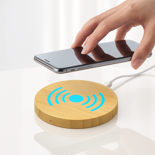 Bamboo DualβCoil Wireless Charging Stand β Natural Qi Charger for Phones with Vertical & Horizontal Viewing