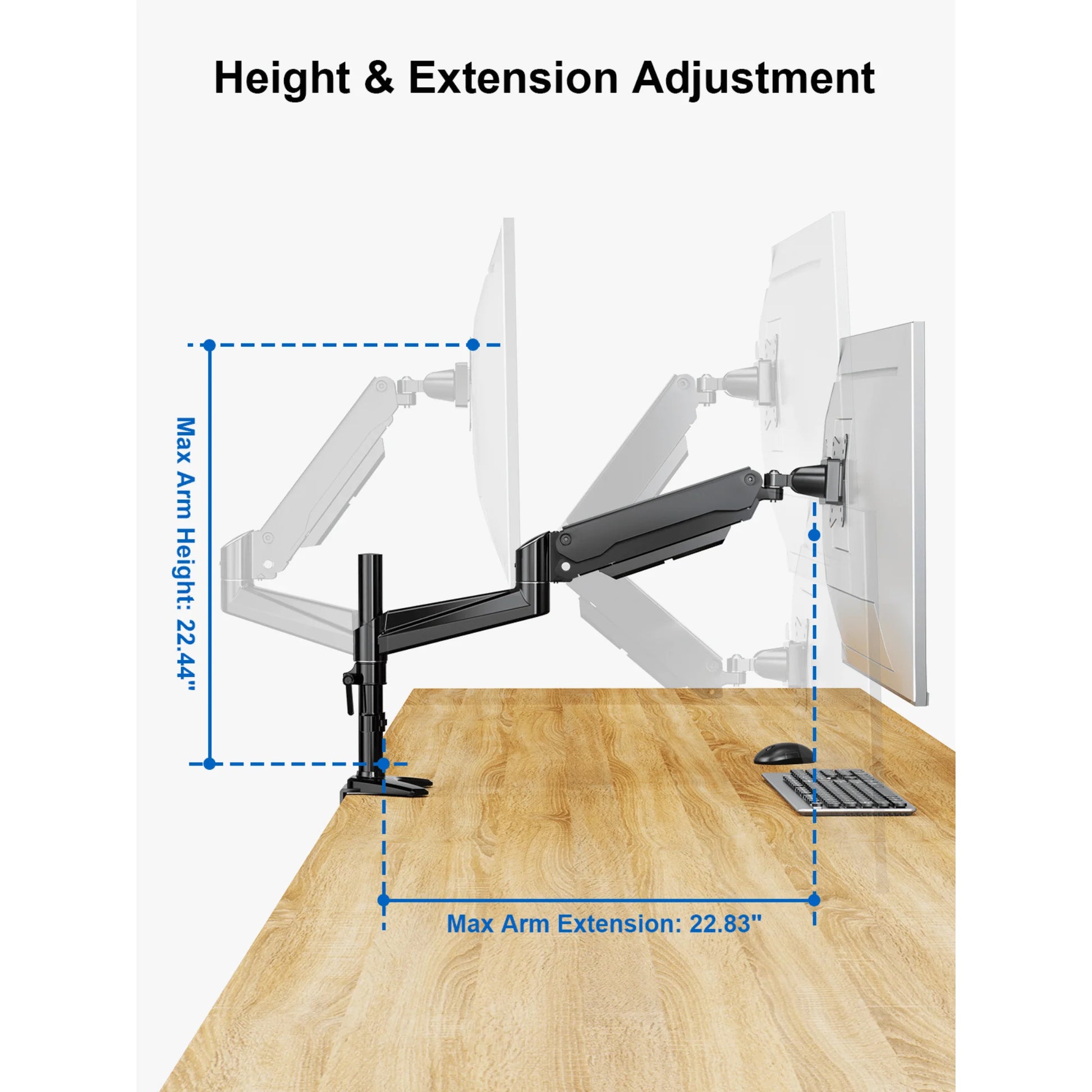 Ergoav Gas Spring Desk Mount for Monitors 13″–34″ up to 17 lb – Full Motion Single Arm with Height Adjust, Tilt & Swivel, C‑Clamp/Grommet Base