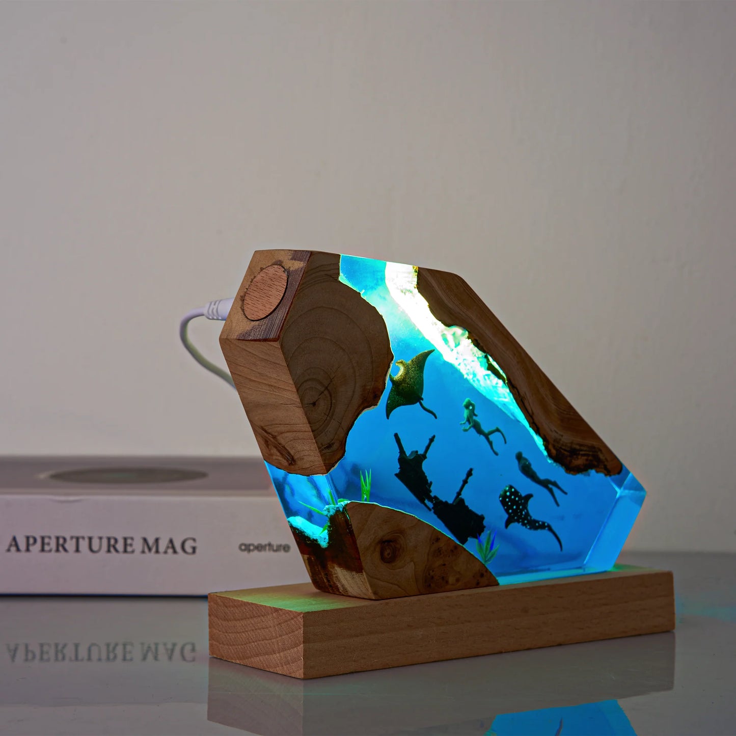 Resin Ocean World Lamp – Handcrafted Underwater Scene Night Light with USB Power & Diver/Shipwreck Designs