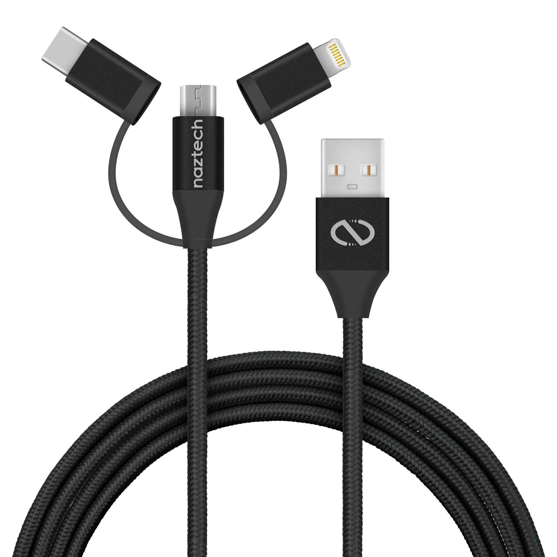 Naztech 3-in-1 Hybrid Charging Cable – 6ft USB-C, Lightning & Micro USB Braided Sync Cord