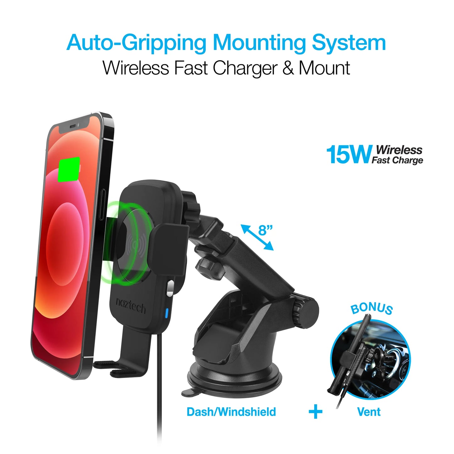 Naztech Smart Grip Wireless Charging Car Mount – Auto‑Clamp 15W Fast Charger & Phone Holder for Vent, Dash & Windshield