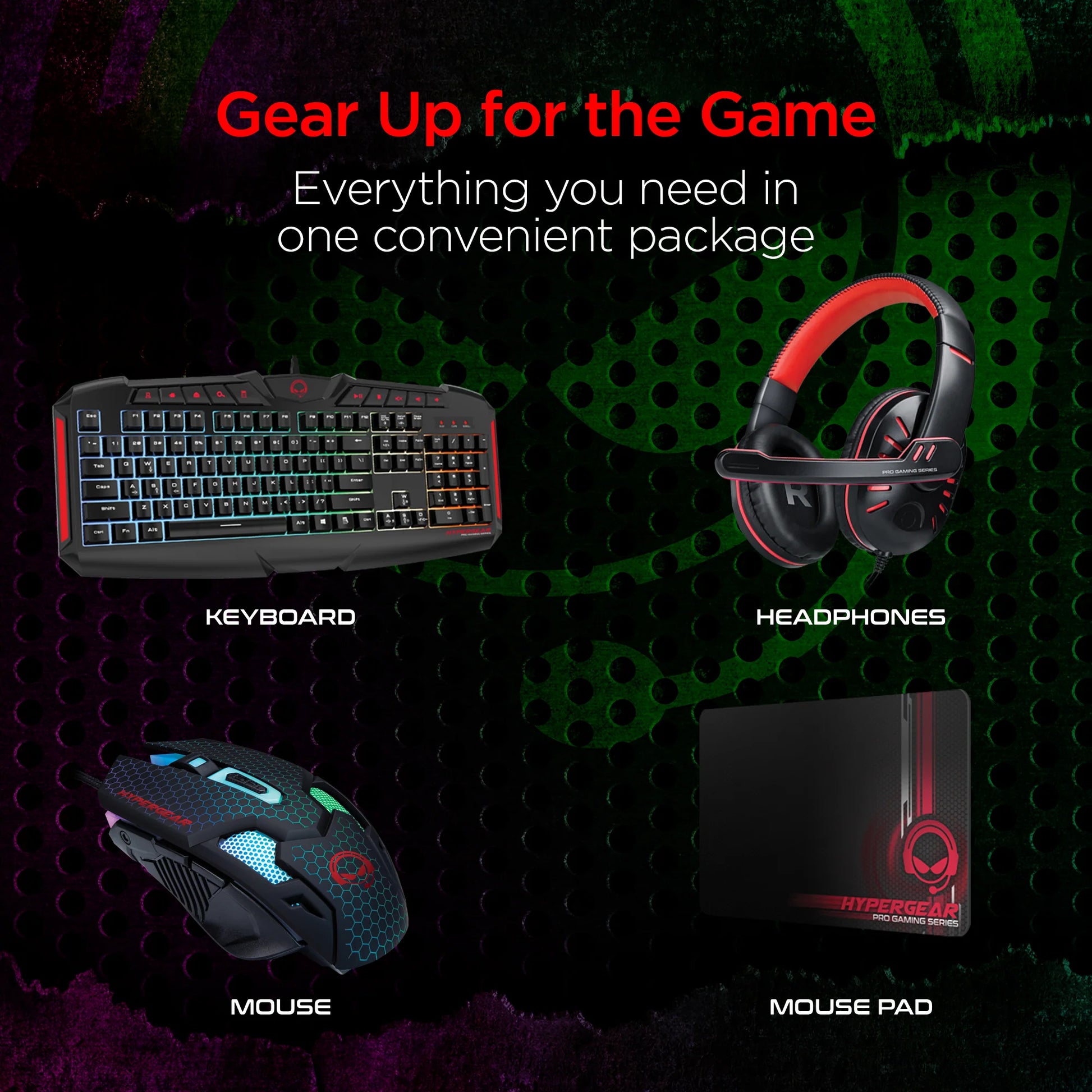 HyperGear 4-in-1 Gaming Kit – RGB Keyboard, Precision Mouse, Stereo Headset & Large Mouse Pad
