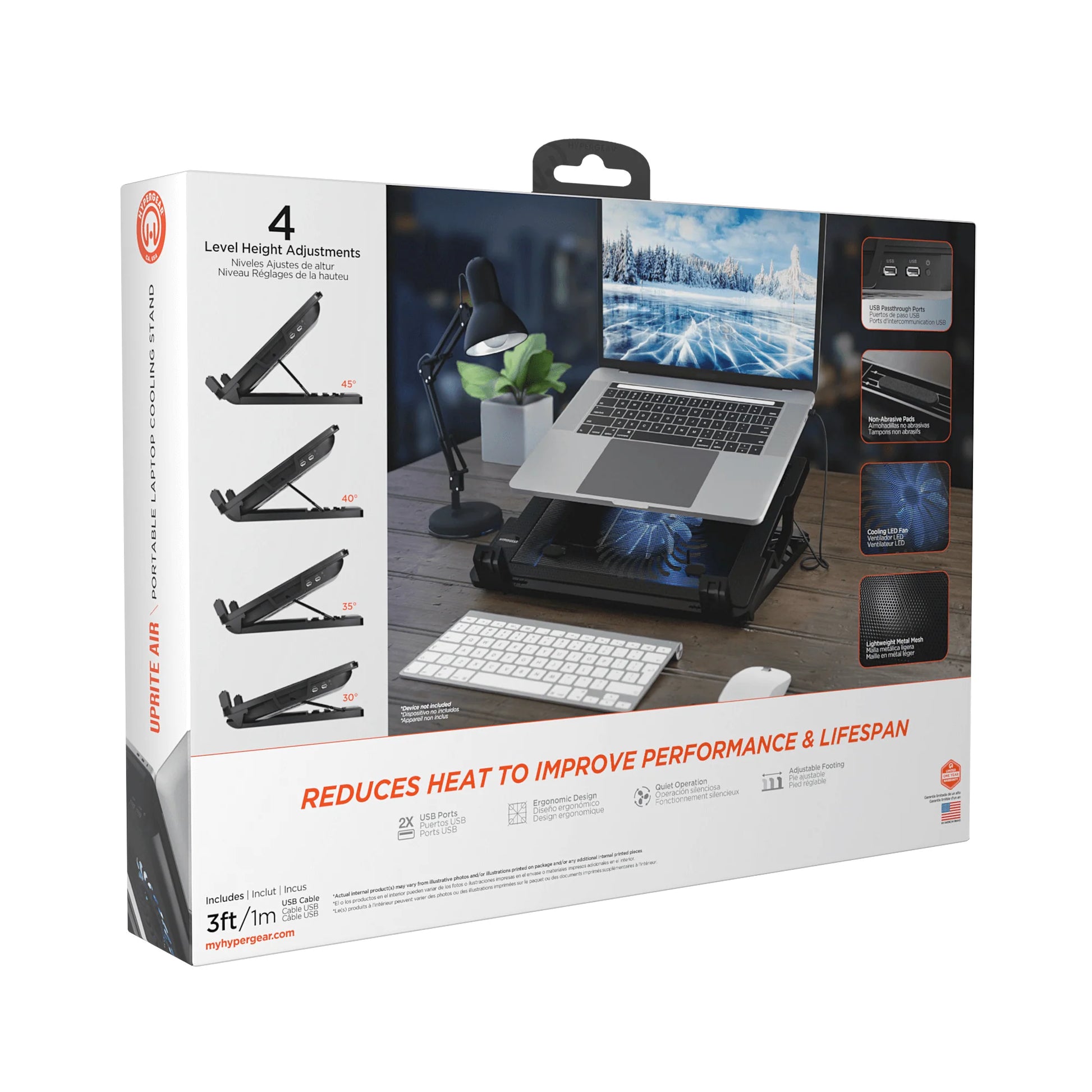 HyperGear Upright Air Portable Laptop Cooling Stand – Adjustable Height Laptop Stand with Quiet Fan, LED & Dual USB Hub