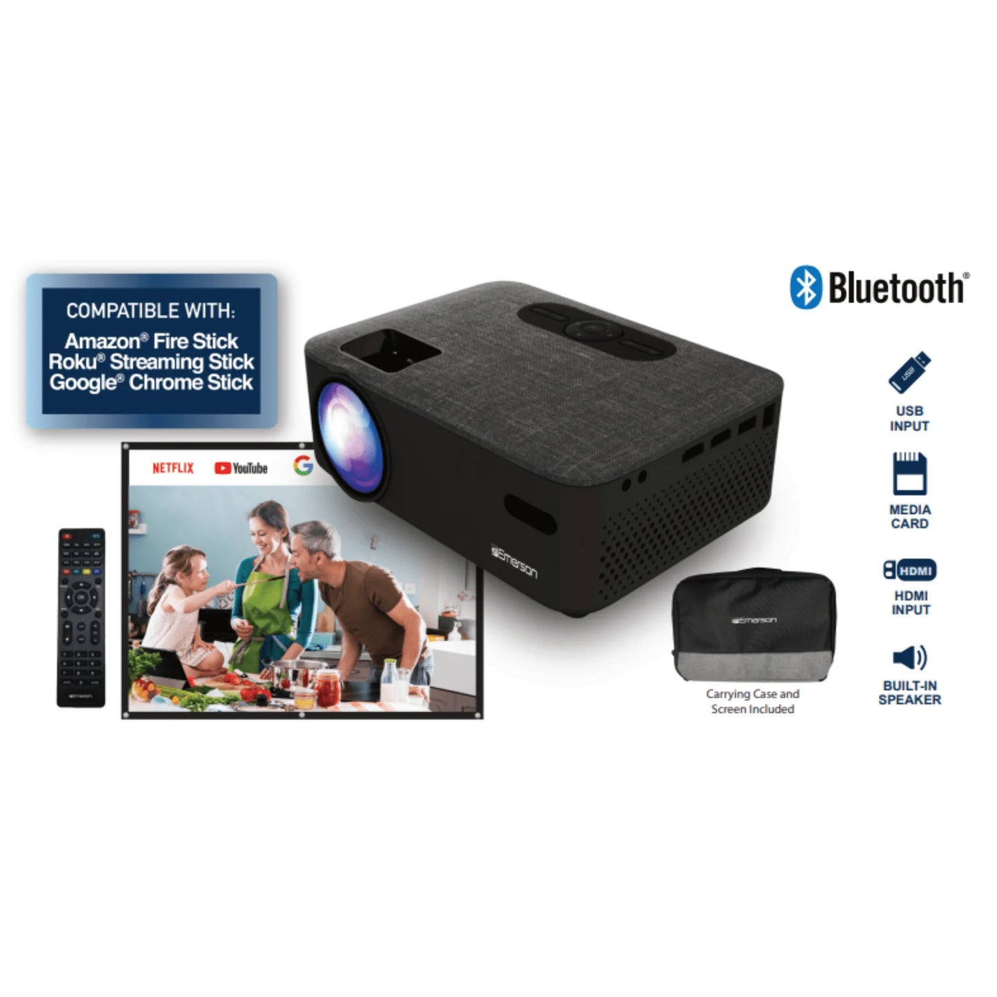 Emerson Portable LED Projector with Screen & Carry Case – Compact Home Theater for Movies, Sports & Presentations