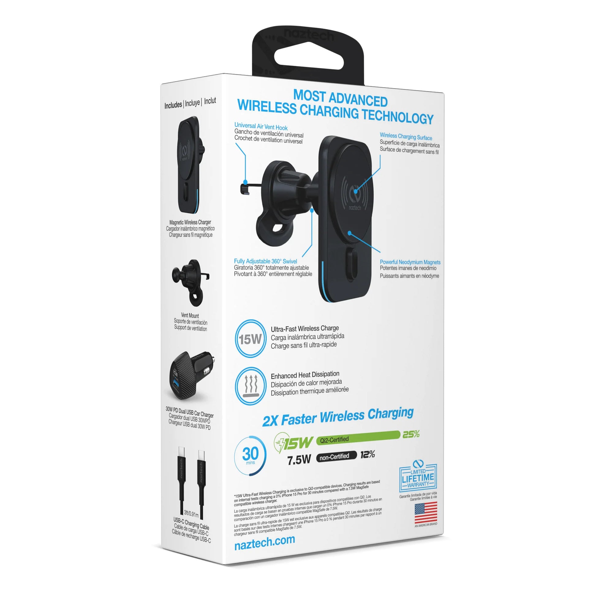 Naztech MagLock Magnetic Car Charger – Qi2 15W Fast Wireless Charging Vent Mount