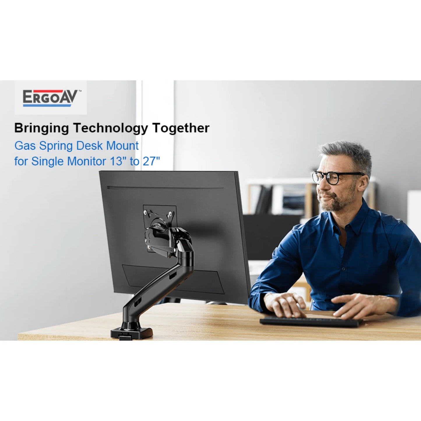 Ergoav Gas Spring Desk Mount for Monitors 13″–27″ – Full Motion Arm with Tilt, Swivel & 360° Rotation, Cable Management & C‑Clamp/Grommet Base