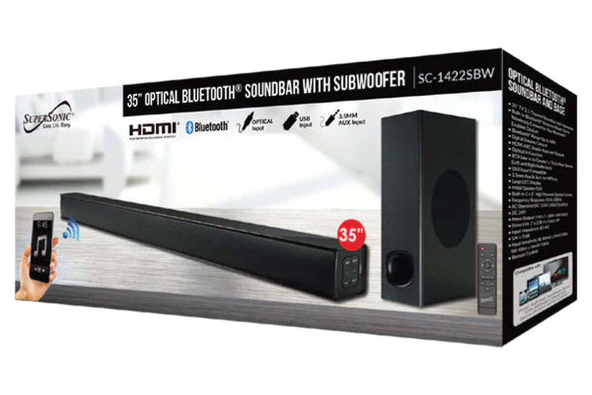 Supersonic 35″ Optical Bluetooth Soundbar & Subwoofer – Home Theater Speaker System with LED Display & Multiple Inputs