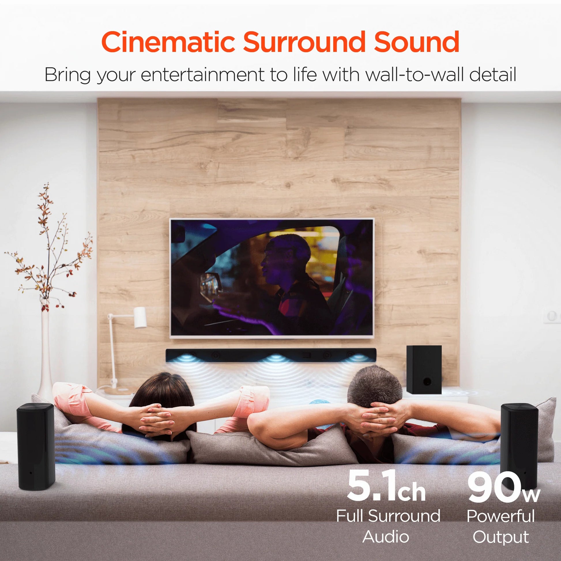 HyperGear SB51A 5.1 Home Theater Surround Sound System – 90W Soundbar & Wireless Subwoofer with Bluetooth 5.0, HDMI ARC & EQ Modes