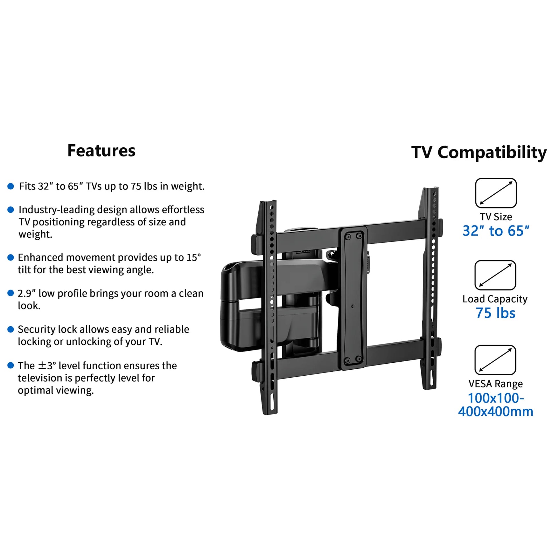 Ergoav Medium Motion TV Wall Mount for 32–65″ TVs – Full Motion Swivel & Tilt Bracket with 20” Extension & Cable Management