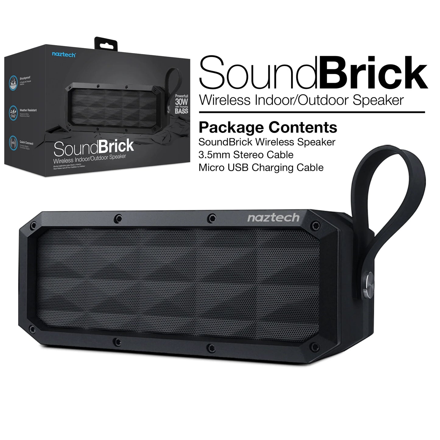 Naztech Soundbrick Bluetooth Speaker – Portable Wireless Speaker with Deep Bass, Long Battery Life & Built-In Mic (Black)