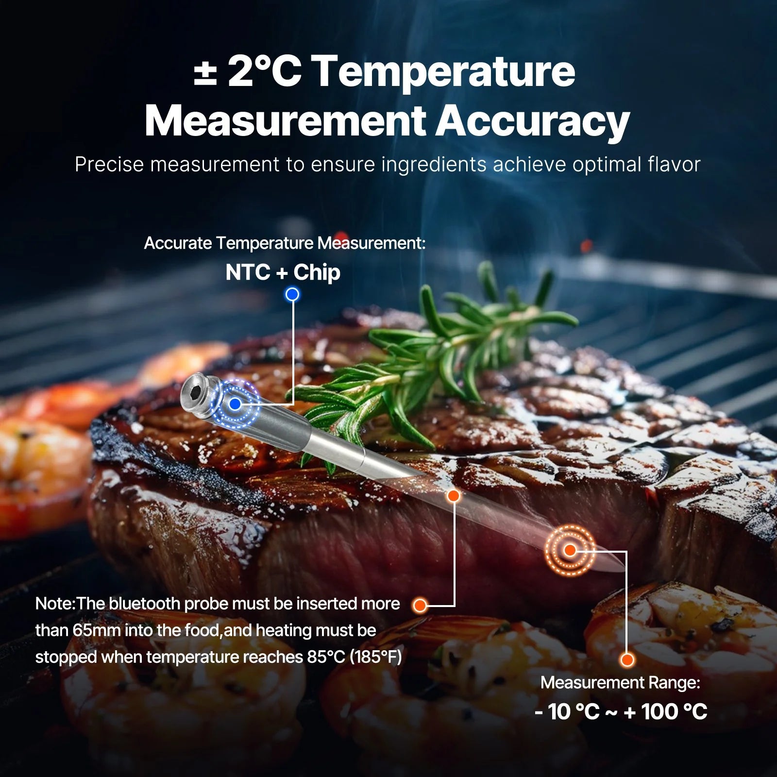 Wireless Bluetooth Meat Thermometer with 500 ft Range – Precise Probe & App Alerts for Perfect Grilling and Roasting