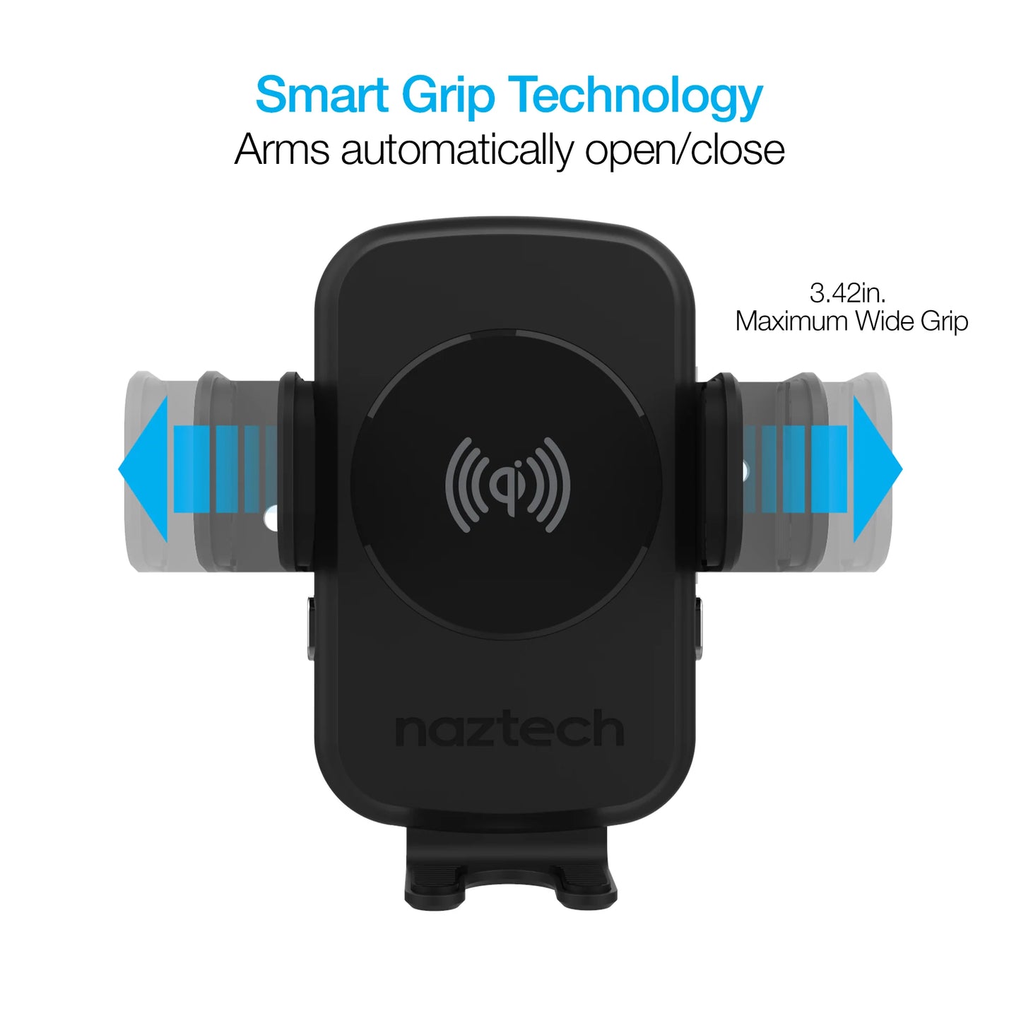 Naztech Smart Grip Wireless Charging Car Mount – Auto‑Clamp 15W Fast Charger & Phone Holder for Vent, Dash & Windshield