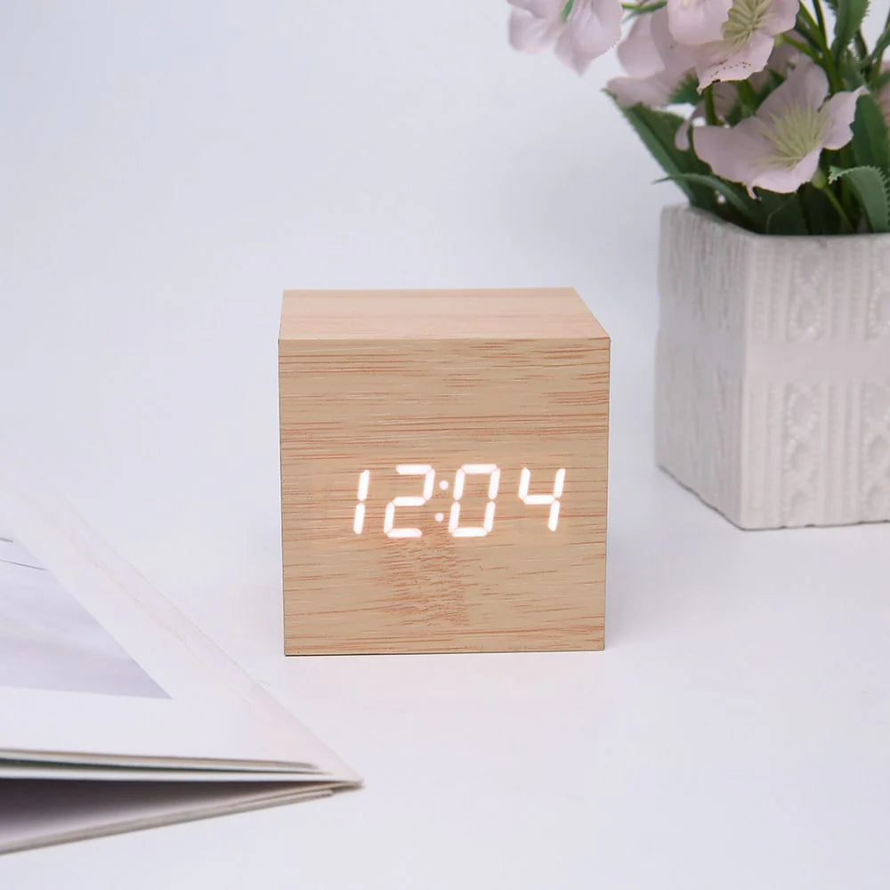 Wooden Minimalist LED Alarm Clock – Modern Desktop Clock with Temperature Display, Voice Activation & Multiple Alarms