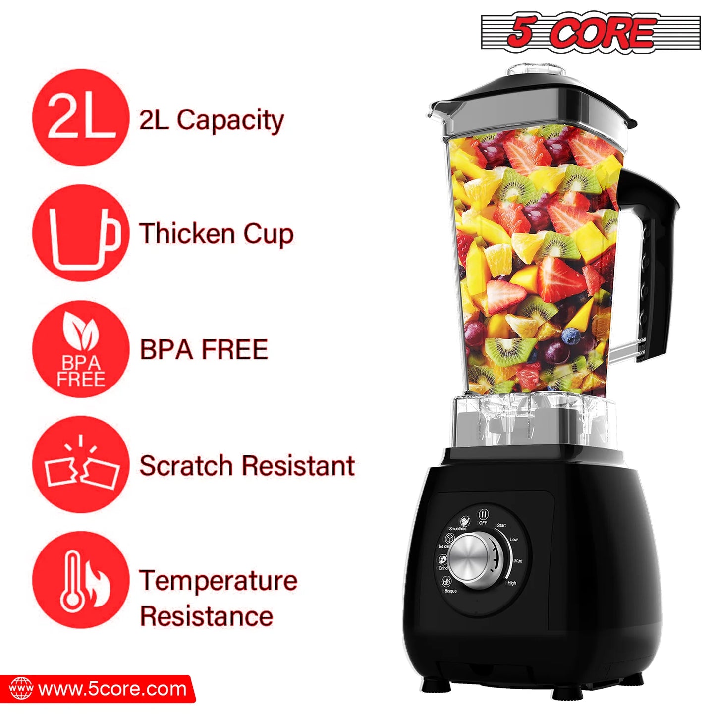 5Core 2000W Blender & Juicer Machine – High‑Power Countertop Smoothie Maker with 68 Oz Jar & 6 Stainless Steel Blades