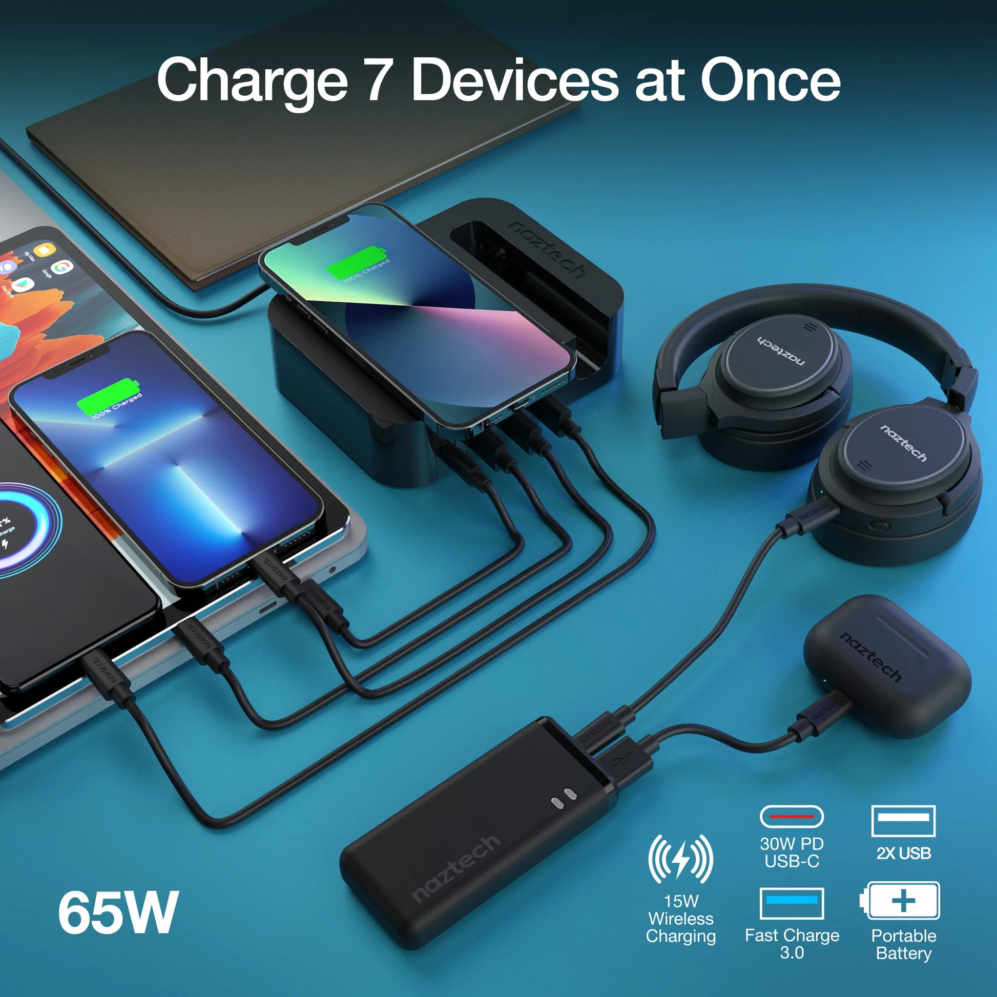 Naztech Ultimate Charging Station – 7‑Device Power Hub with 30W USB‑C PD, Fast Wireless Charging & Removable 4,000mAh Battery