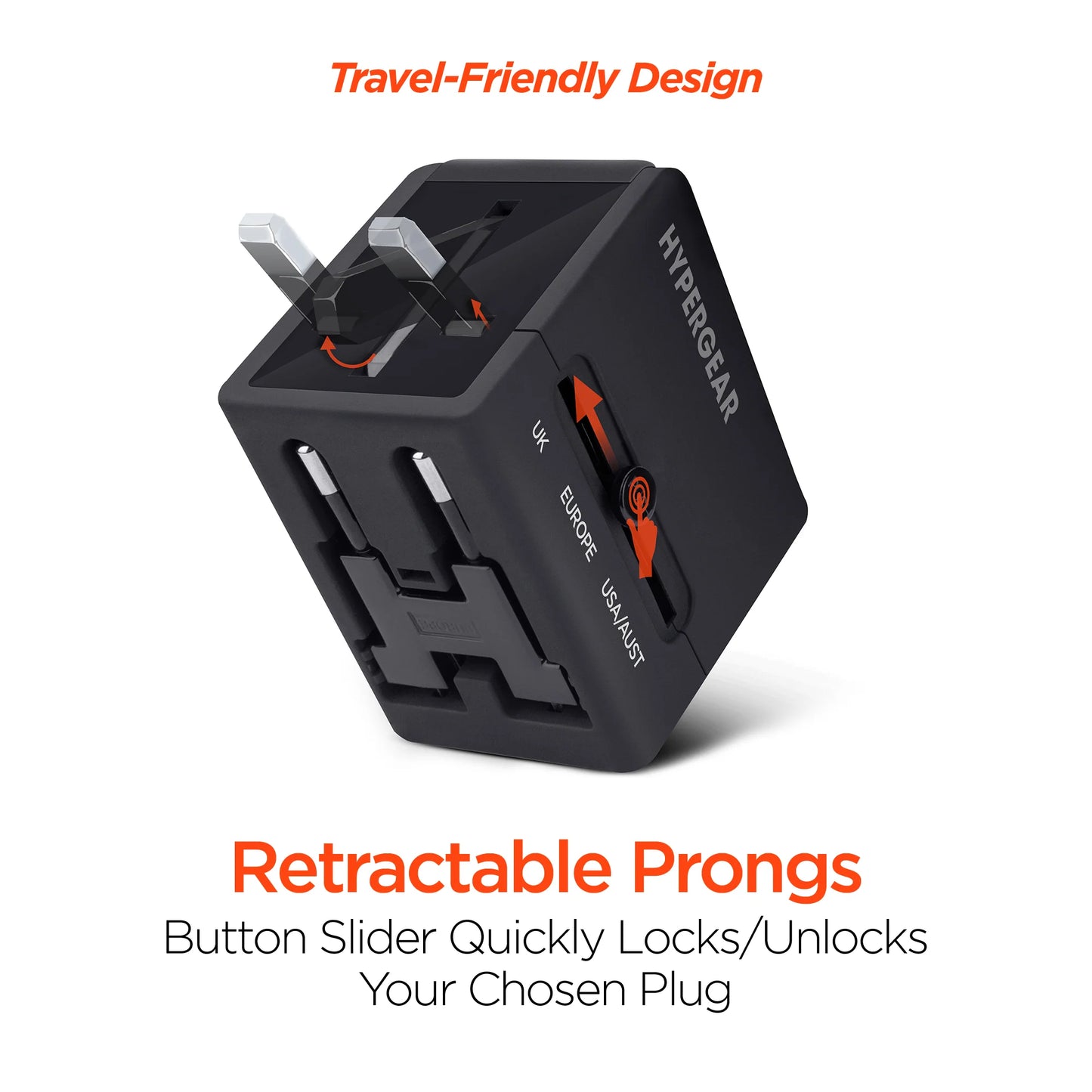 All-in-One Universal Travel Adapter – Compact Charger with Dual USB Ports & 4 Retractable Plug Types for 150+ Countries