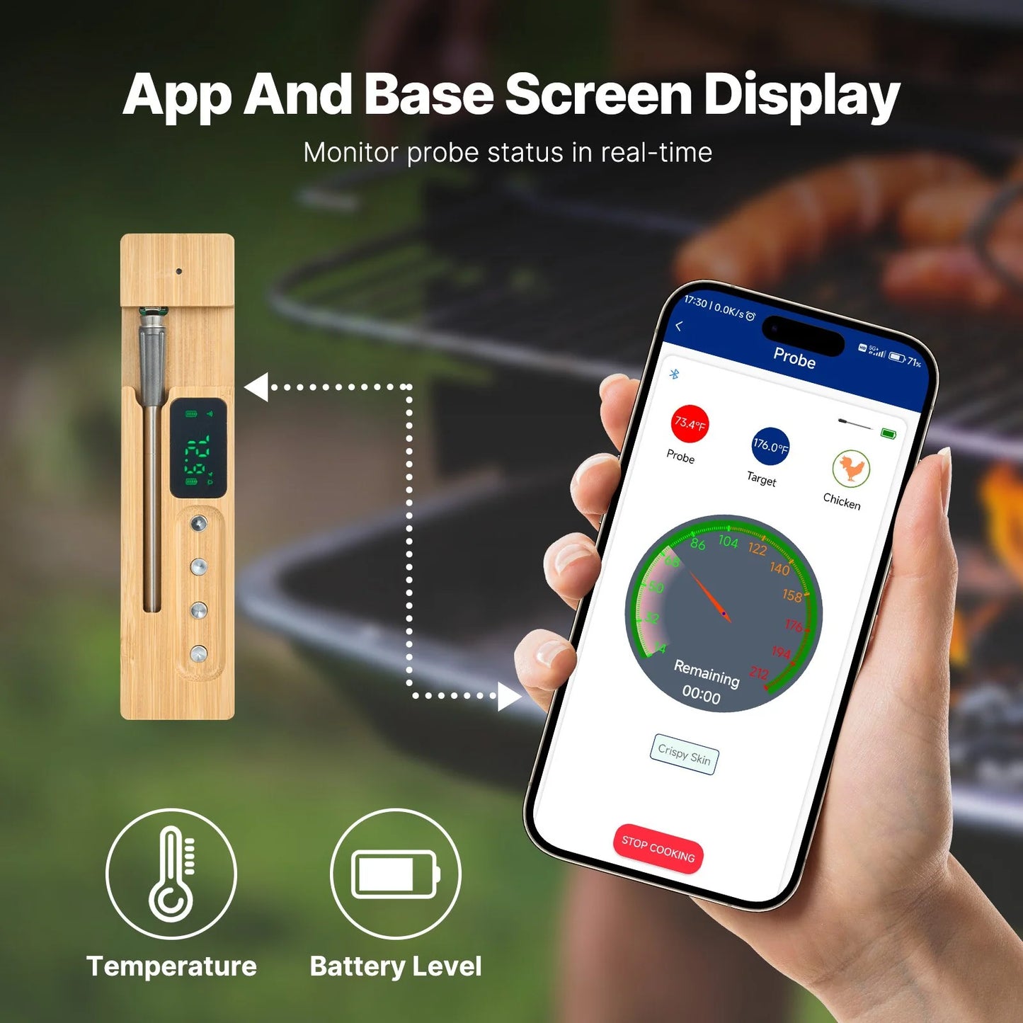 Wireless Bluetooth Meat Thermometer with 500 ft Range – Precise Probe & App Alerts for Perfect Grilling and Roasting