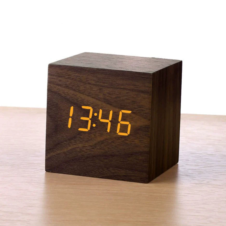 Wooden Minimalist LED Alarm Clock – Modern Desktop Clock with Temperature Display, Voice Activation & Multiple Alarms