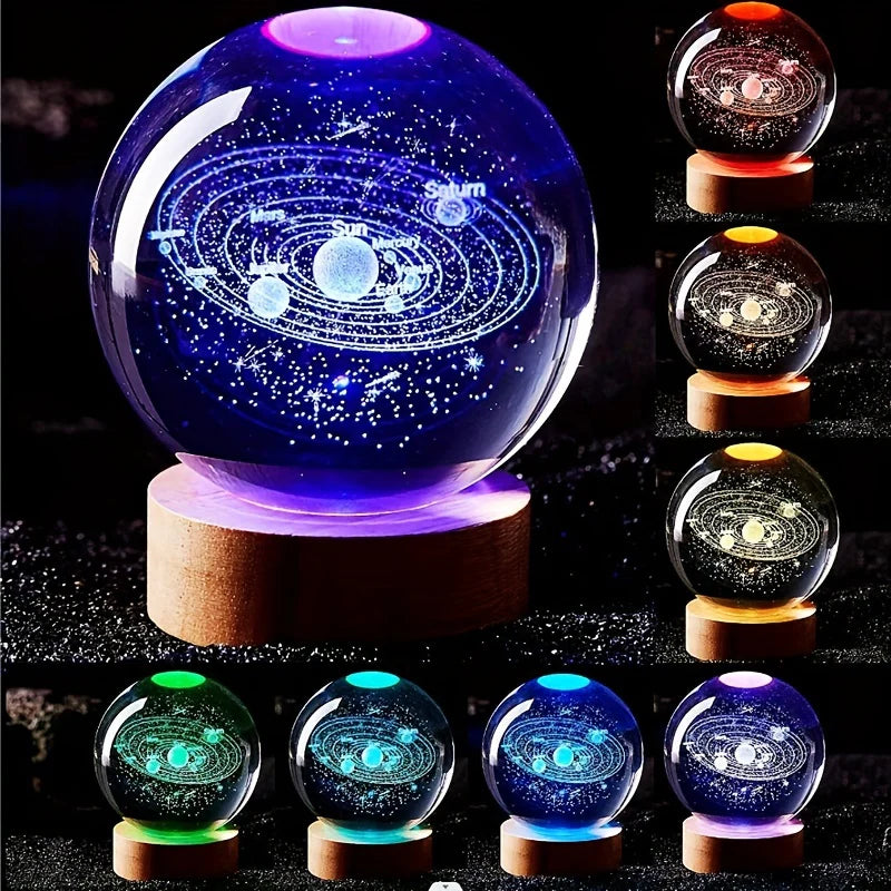 3D Solar System Crystal Ball Nightlight – Glass Planet Lamp with LED Base