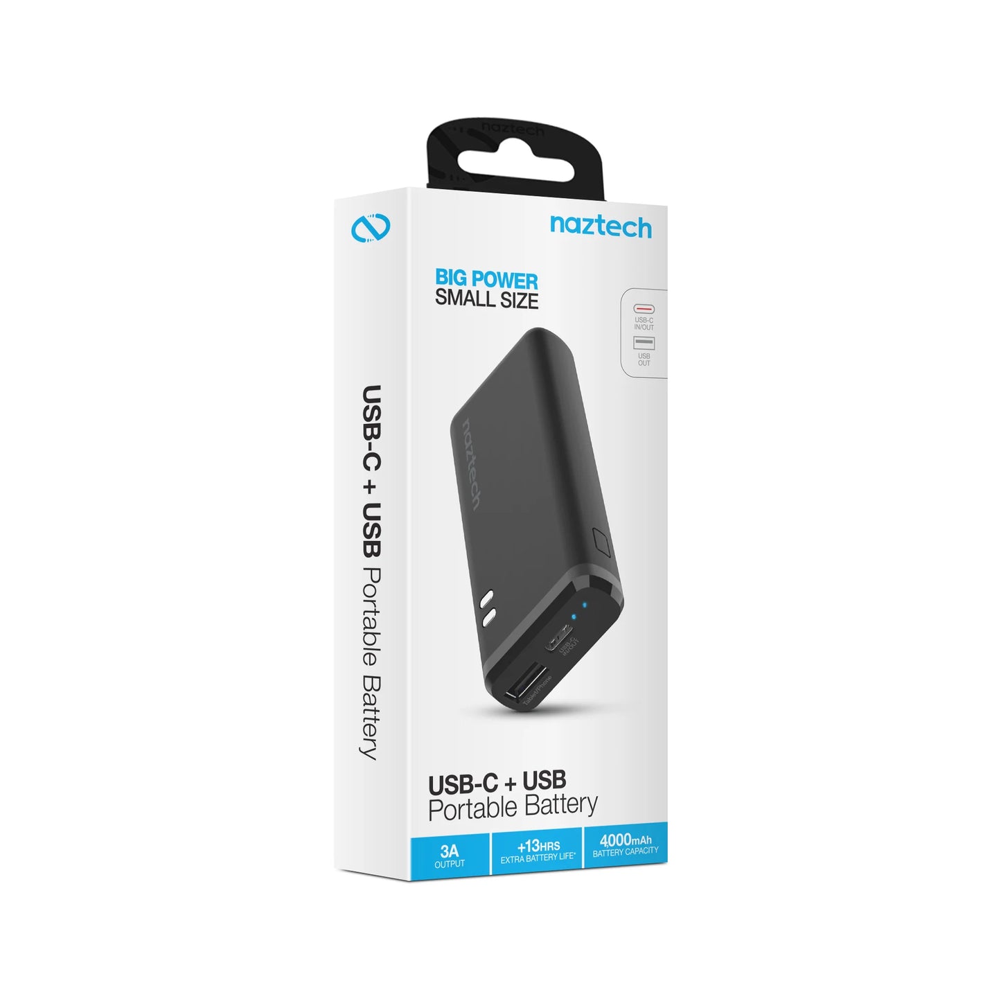 Naztech 4000mAh Power Bank – Compact 15W Dual Output USB‑C/USB Charger with 2h Recharge
