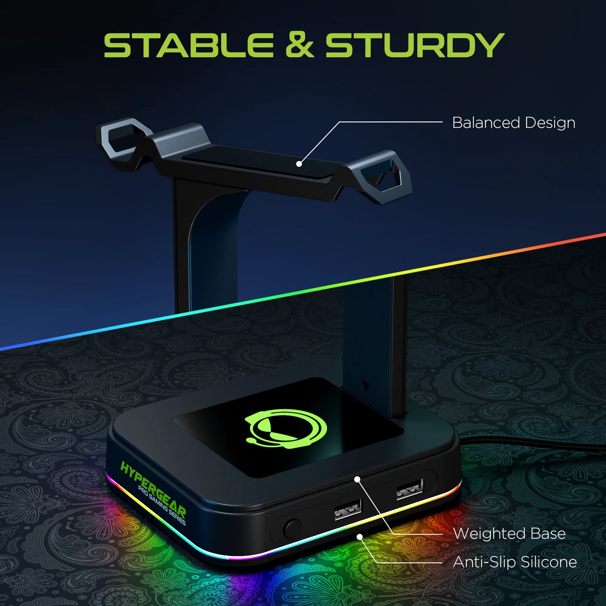 HyperGear RGB Command Station Headset Stand – Dual Headset Holder with USB Charging Ports & Dynamic RGB Lighting