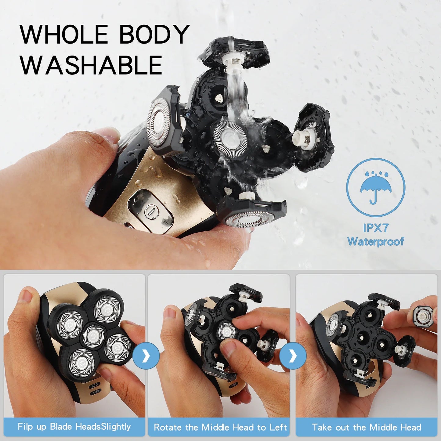 5‑in‑1 Rechargeable Rotary Electric Shaver & Grooming Kit – Bald Head, Beard, Nose & Facial Cleansing (IPX7 Waterproof)