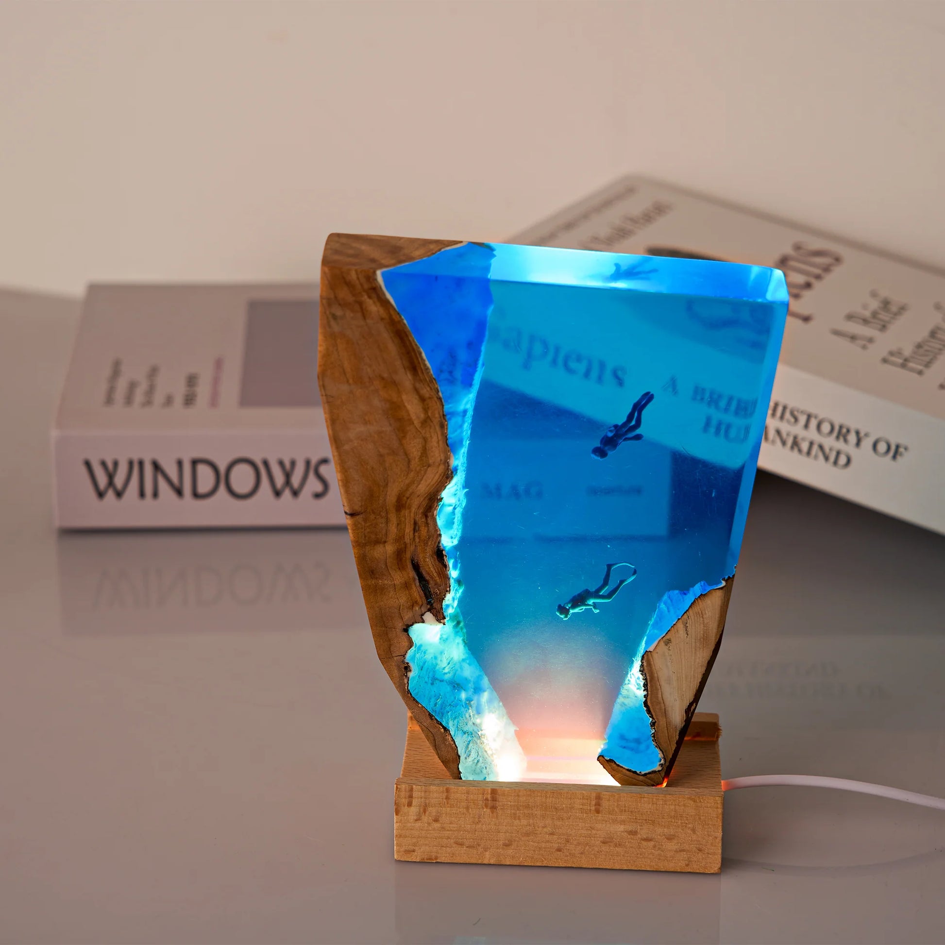 Resin Ocean World Lamp – Handcrafted Underwater Scene Night Light with USB Power & Diver/Shipwreck Designs