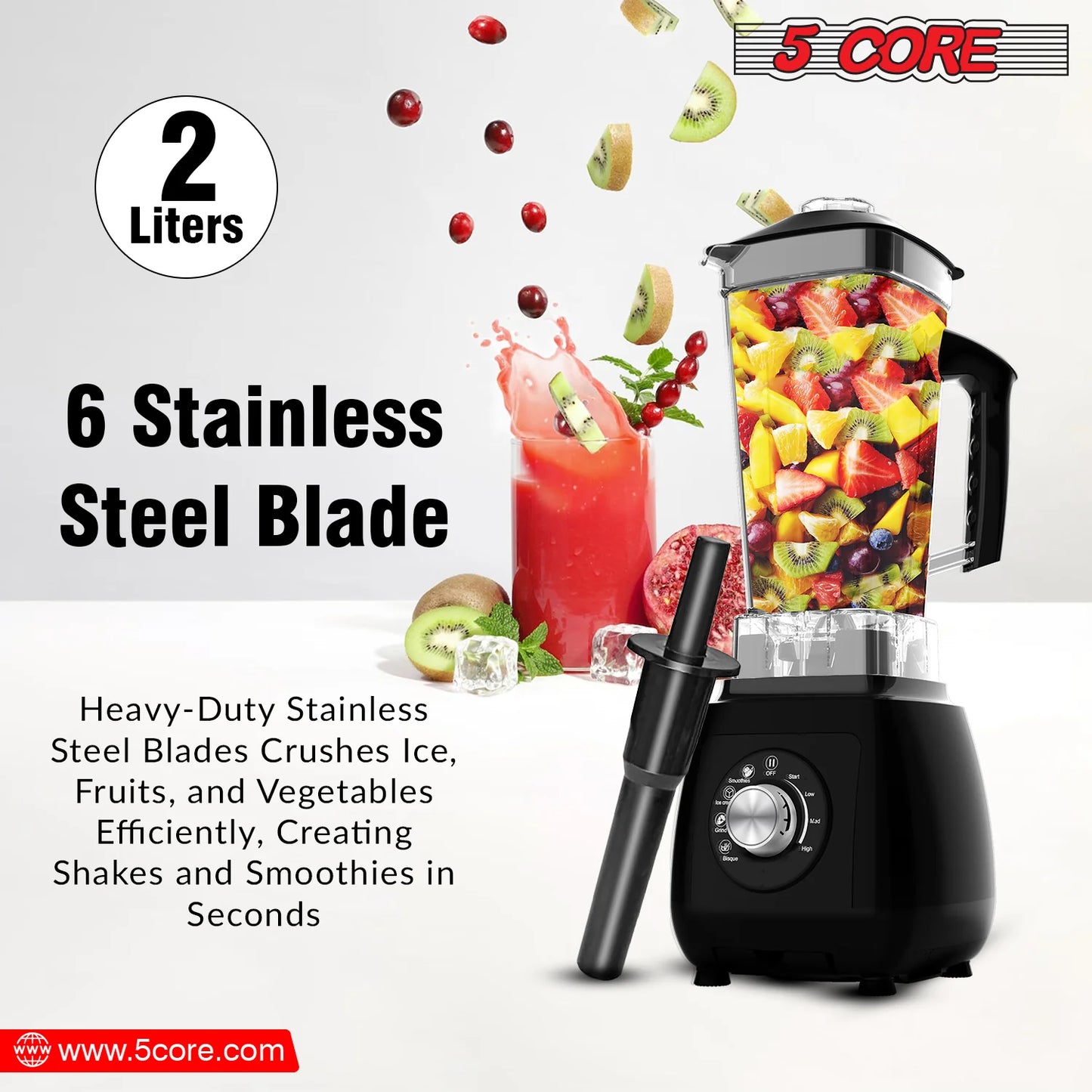 5Core 2000W Blender & Juicer Machine – High‑Power Countertop Smoothie Maker with 68 Oz Jar & 6 Stainless Steel Blades