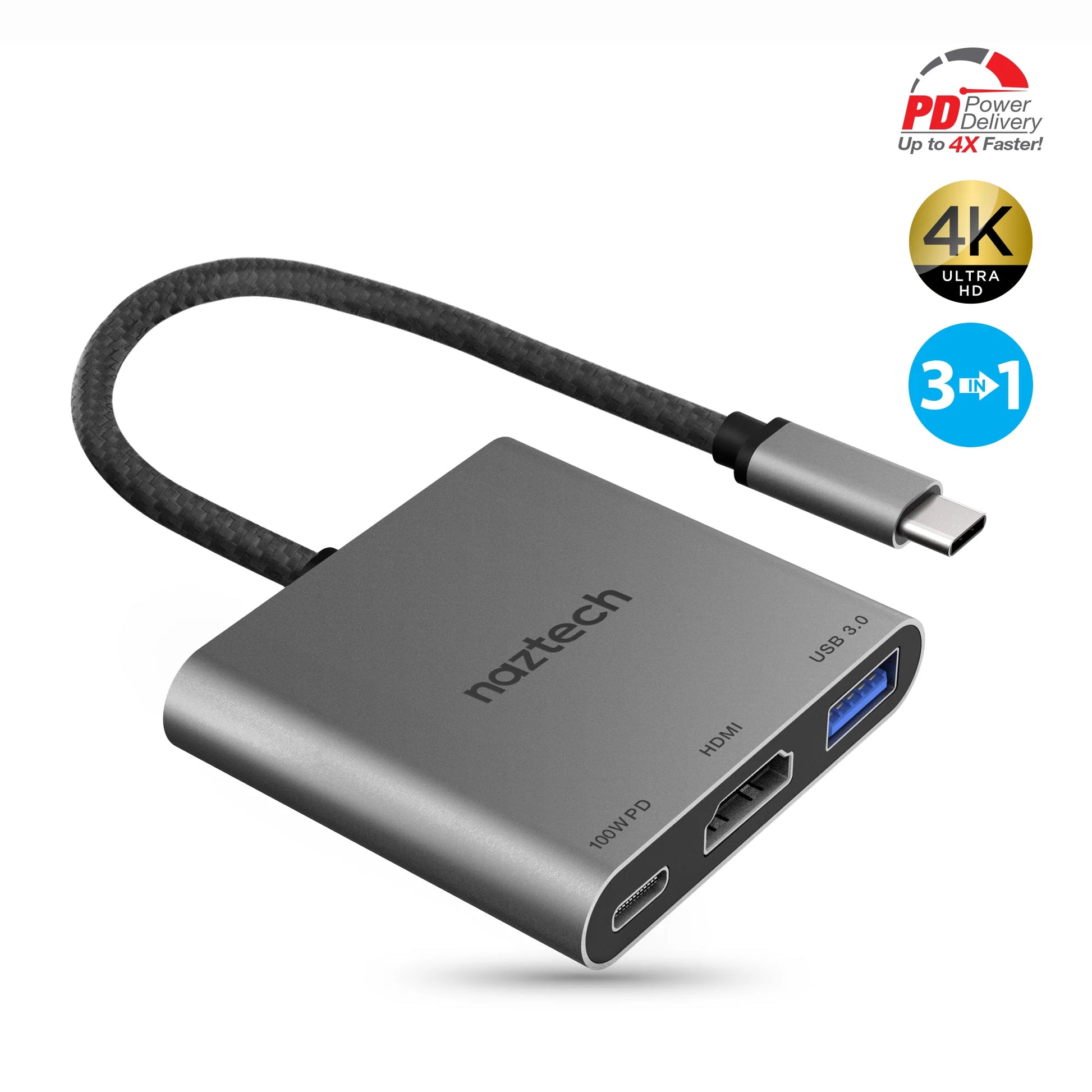 Naztech MaxDrive 3 USB-C Hub – 3-in-1 Adapter with 100W Power Delivery, 4K HDMI & 5Gbps USB 3.0