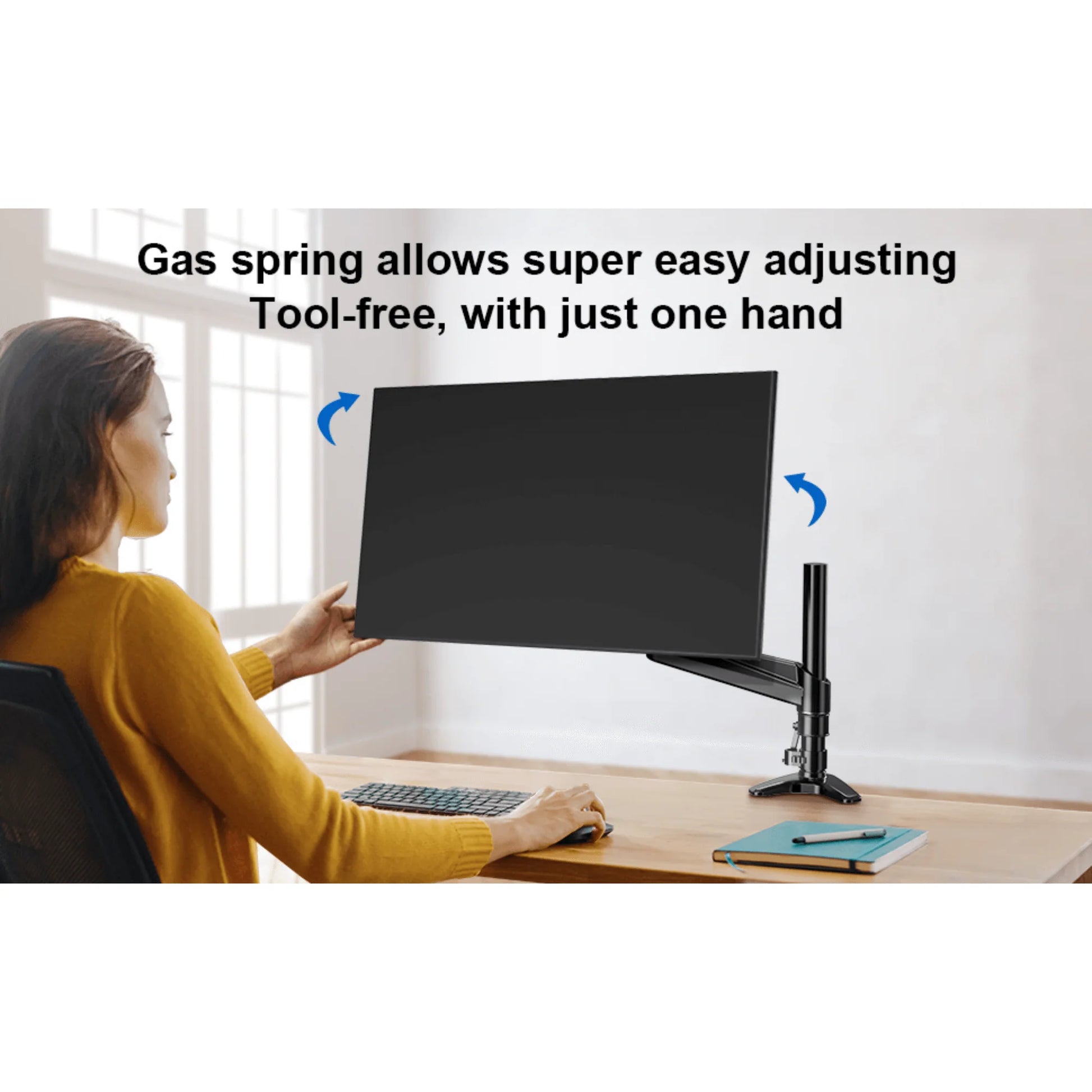 Ergoav Gas Spring Desk Mount for Monitors 13″–34″ up to 17 lb – Full Motion Single Arm with Height Adjust, Tilt & Swivel, C‑Clamp/Grommet Base