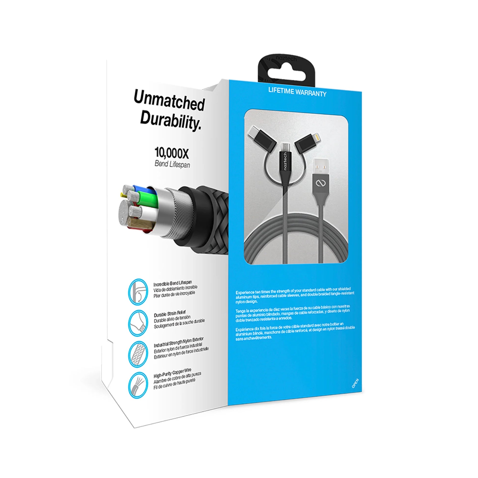 Naztech 3-in-1 Hybrid Charging Cable – 6ft USB-C, Lightning & Micro USB Braided Sync Cord