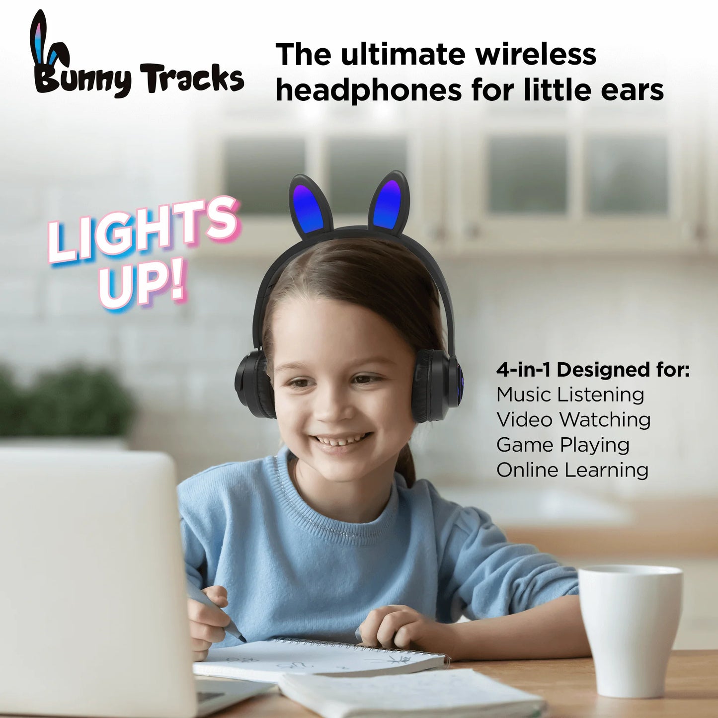 HyperGear Bunny Tracks Wireless Headphones – Light-Up Bluetooth Kids Headset with Cute Ears, Safe Volume & Built-In Mic