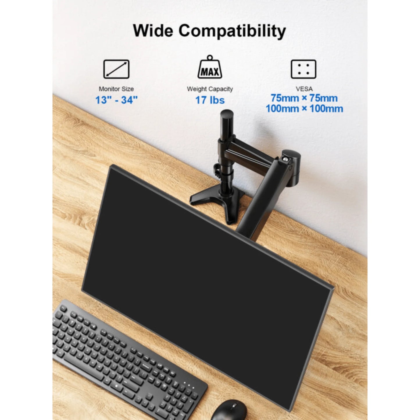 Ergoav Gas Spring Desk Mount for Monitors 13″–34″ up to 17 lb – Full Motion Single Arm with Height Adjust, Tilt & Swivel, C‑Clamp/Grommet Base