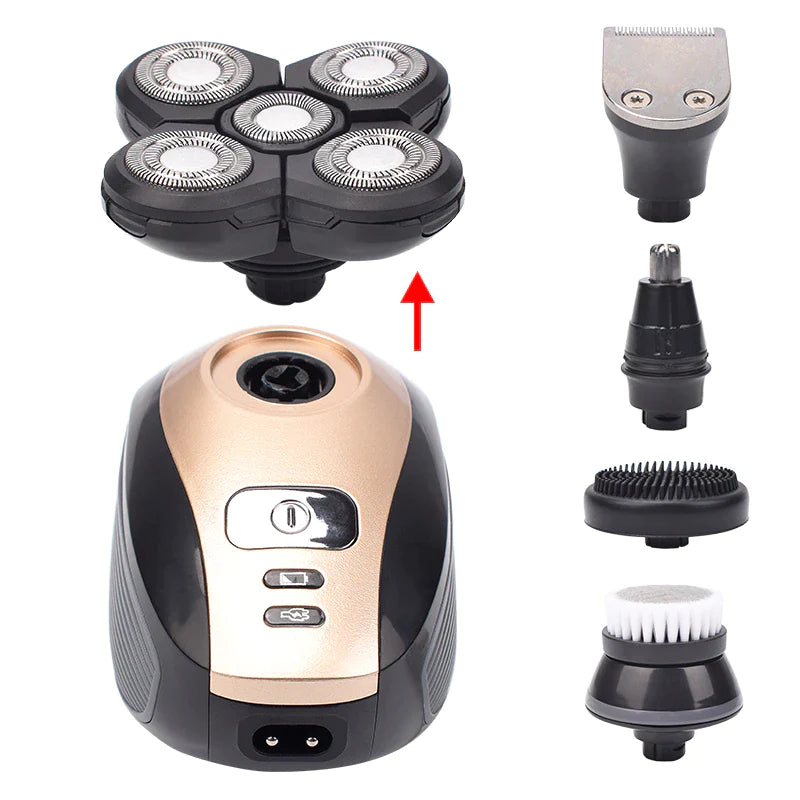 5‑in‑1 Rechargeable Rotary Electric Shaver & Grooming Kit – Bald Head, Beard, Nose & Facial Cleansing (IPX7 Waterproof)