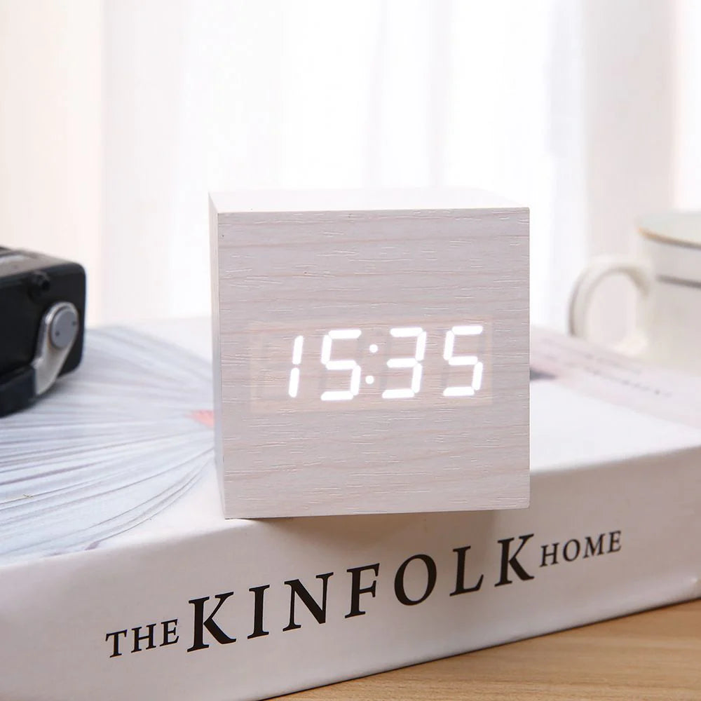 Wooden Minimalist LED Alarm Clock – Modern Desktop Clock with Temperature Display, Voice Activation & Multiple Alarms