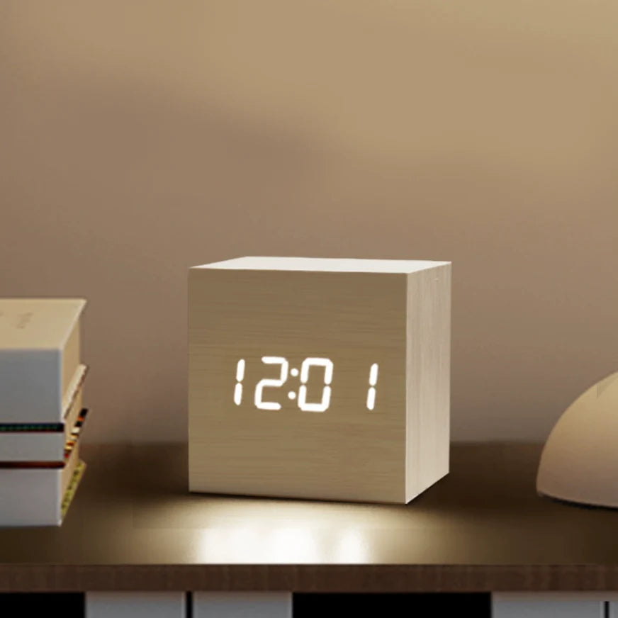 Wooden Minimalist LED Alarm Clock – Modern Desktop Clock with Temperature Display, Voice Activation & Multiple Alarms