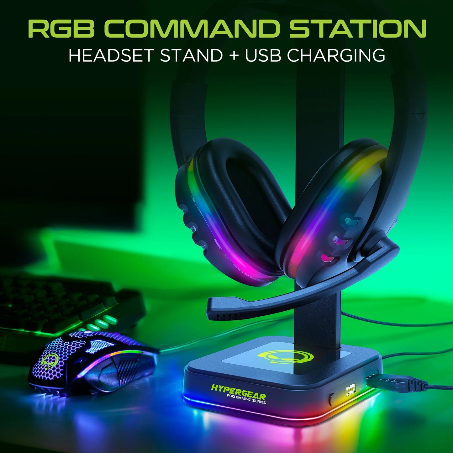 HyperGear RGB Command Station Headset Stand – Dual Headset Holder with USB Charging Ports & Dynamic RGB Lighting