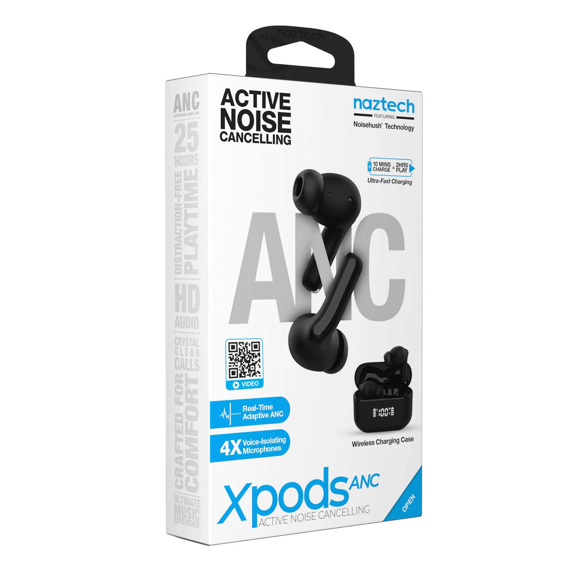 Naztech Xpods ANC True Wireless Earbuds – Active Noise Cancelling Earbuds with Transparency Mode, 25h Playtime & Wireless Charging Case